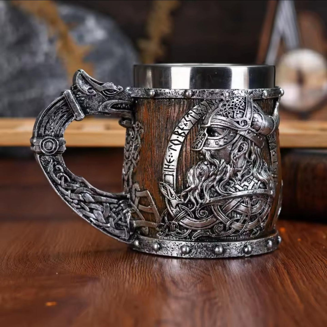 Viking Mug - Norse Warrior & Dragon Handle Stainless Steel Ale Mug