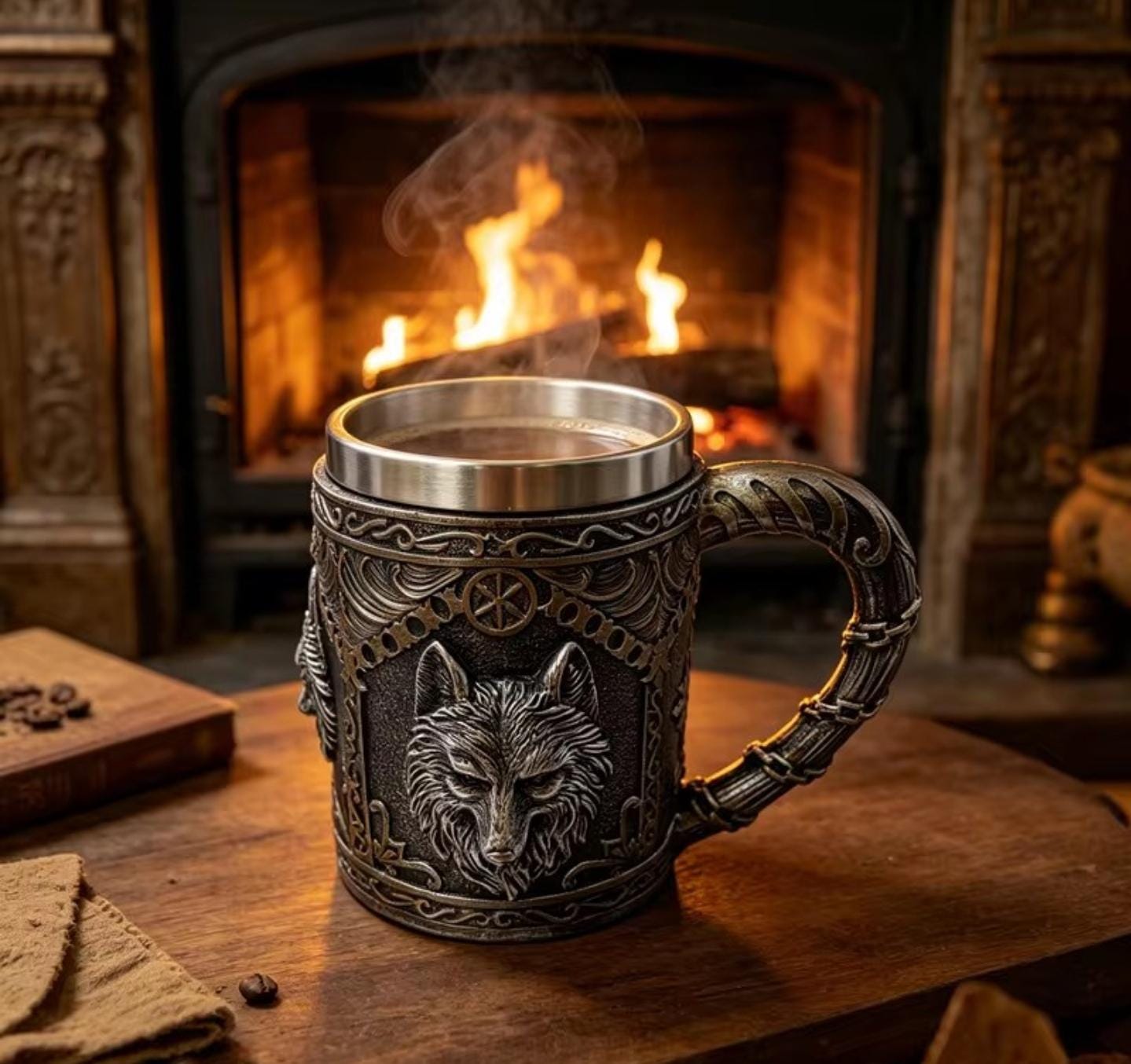 Viking Mug - Norse Warrior & Dragon Handle Stainless Steel Ale Mug
