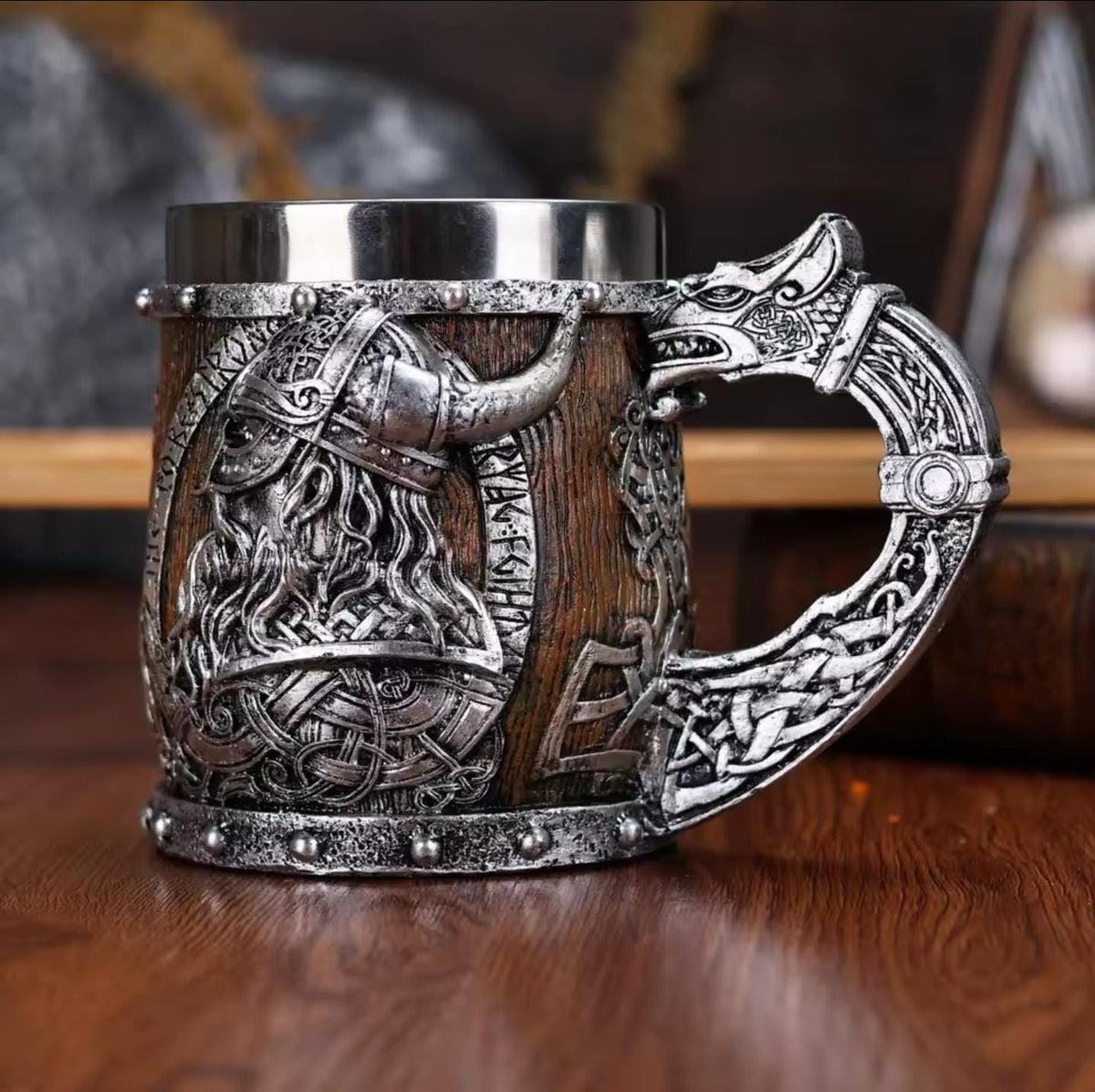 Viking Mug - Norse Warrior & Dragon Handle Stainless Steel Ale Mug