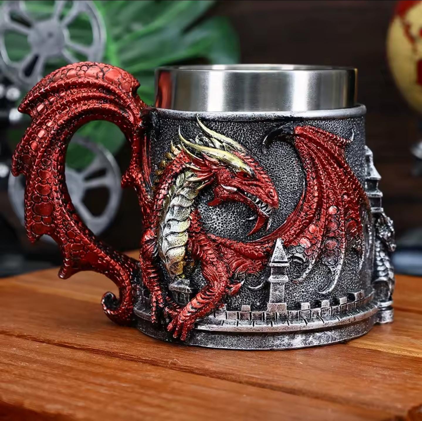 Viking Mug - Norse Warrior & Dragon Handle Stainless Steel Ale Mug
