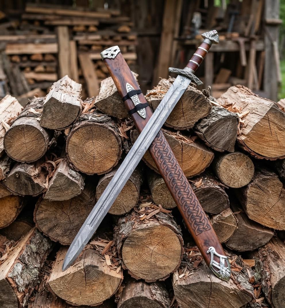 Viking Costume & LARP - 36” Damascus Northmen Sword with Scabbard, Handmade Collectible Medieval
