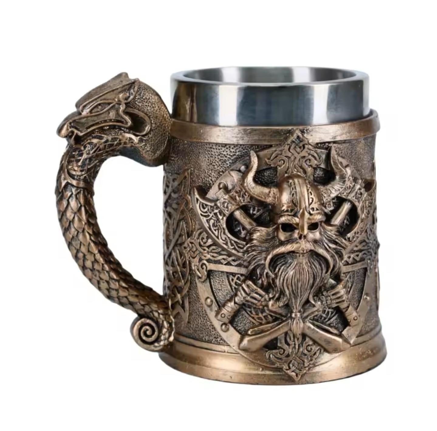 Viking Mug - Norse Warrior & Dragon Handle Stainless Steel Ale Mug