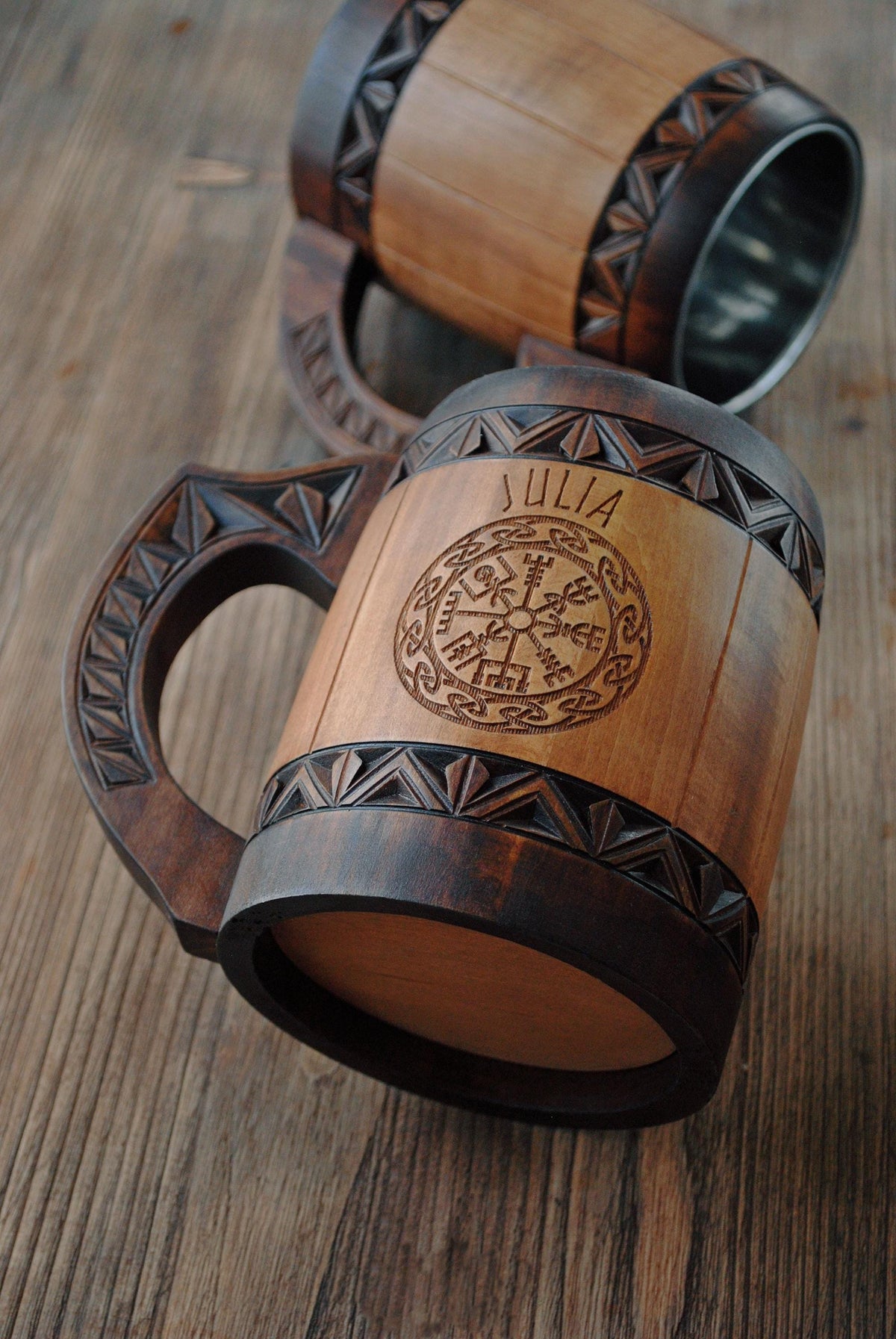 Viking Mug - Personalized Viking Tankard, Wooden Beer Mug, Celtic Knots, Engraved groomsman Cup