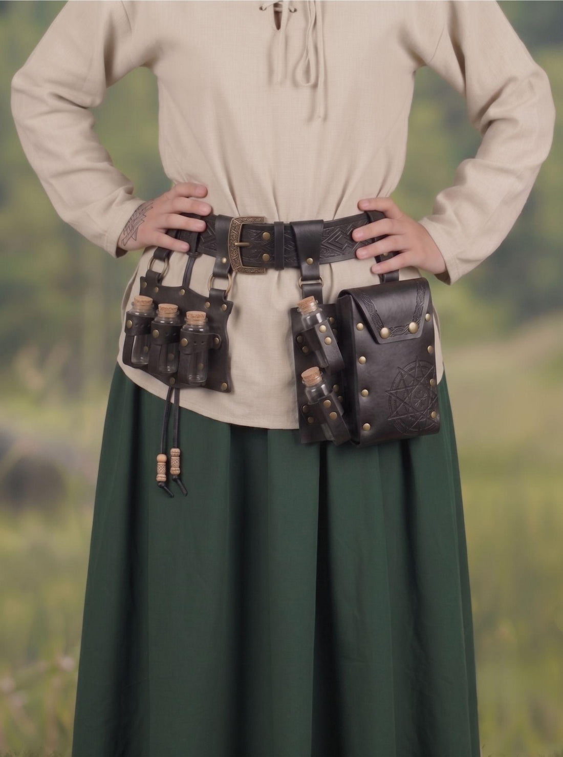 Viking Costume & LARP - Viking Black Medieval Leather Belt Pouch with Potion Bottles for