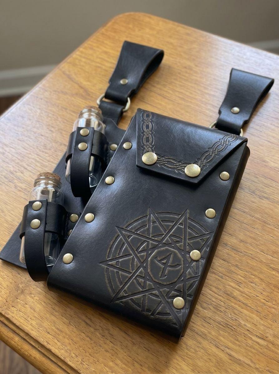 Viking Costume & LARP - Viking Black Medieval Leather Belt Pouch with Potion Bottles for