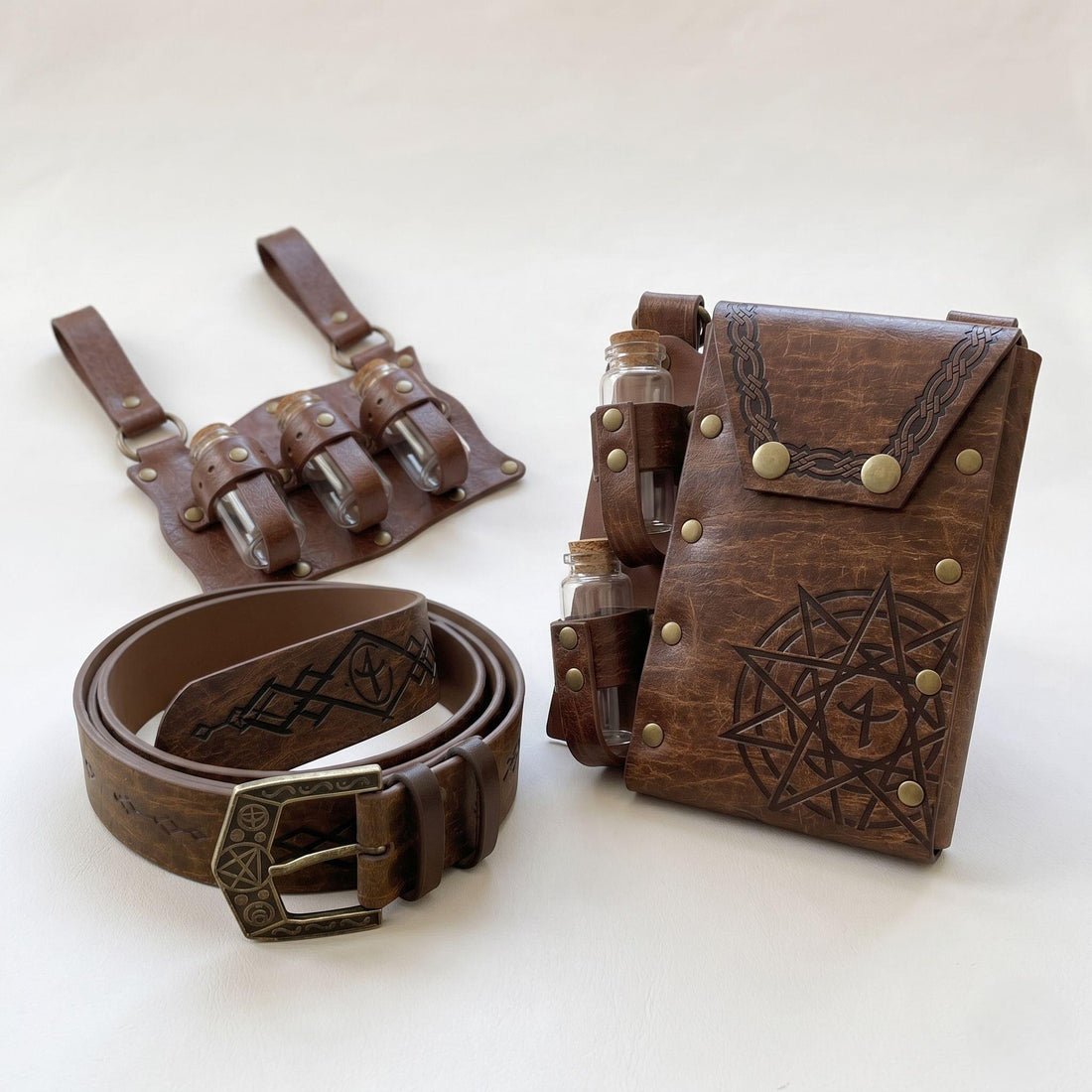 Viking Costume & LARP - Viking Medieval Leather Belt Pouch with Potion Bottles for Renaissance