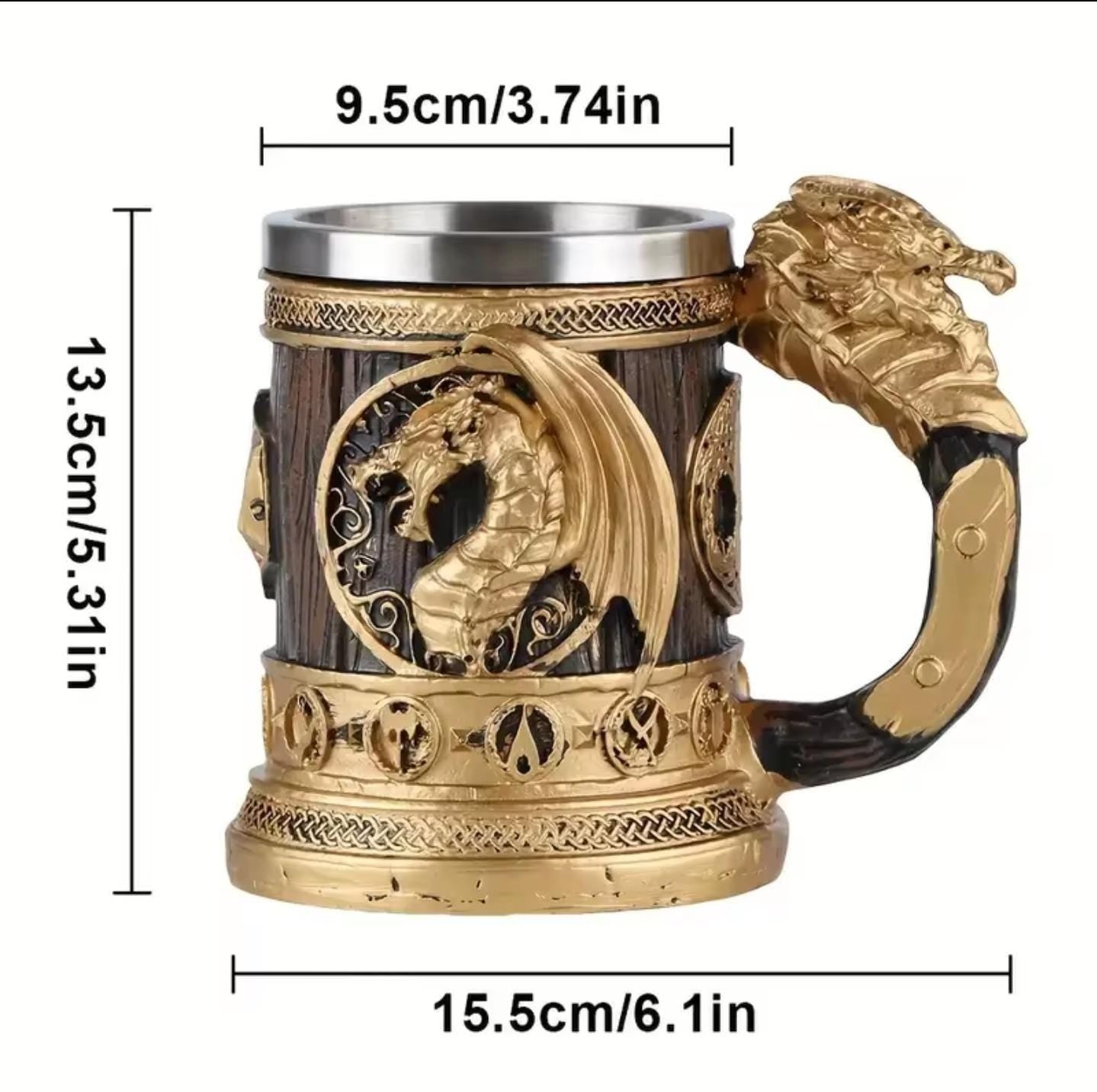 Viking Mug - Norse Warrior & Dragon Handle Stainless Steel Ale Mug