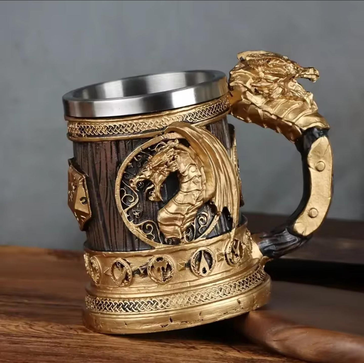 Viking Mug - Norse Warrior & Dragon Handle Stainless Steel Ale Mug