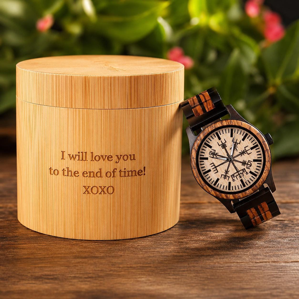 Viking Leather Accessory - Viking Compass Watch, Wooden Engraved, Groomsmen Gift, Personalized