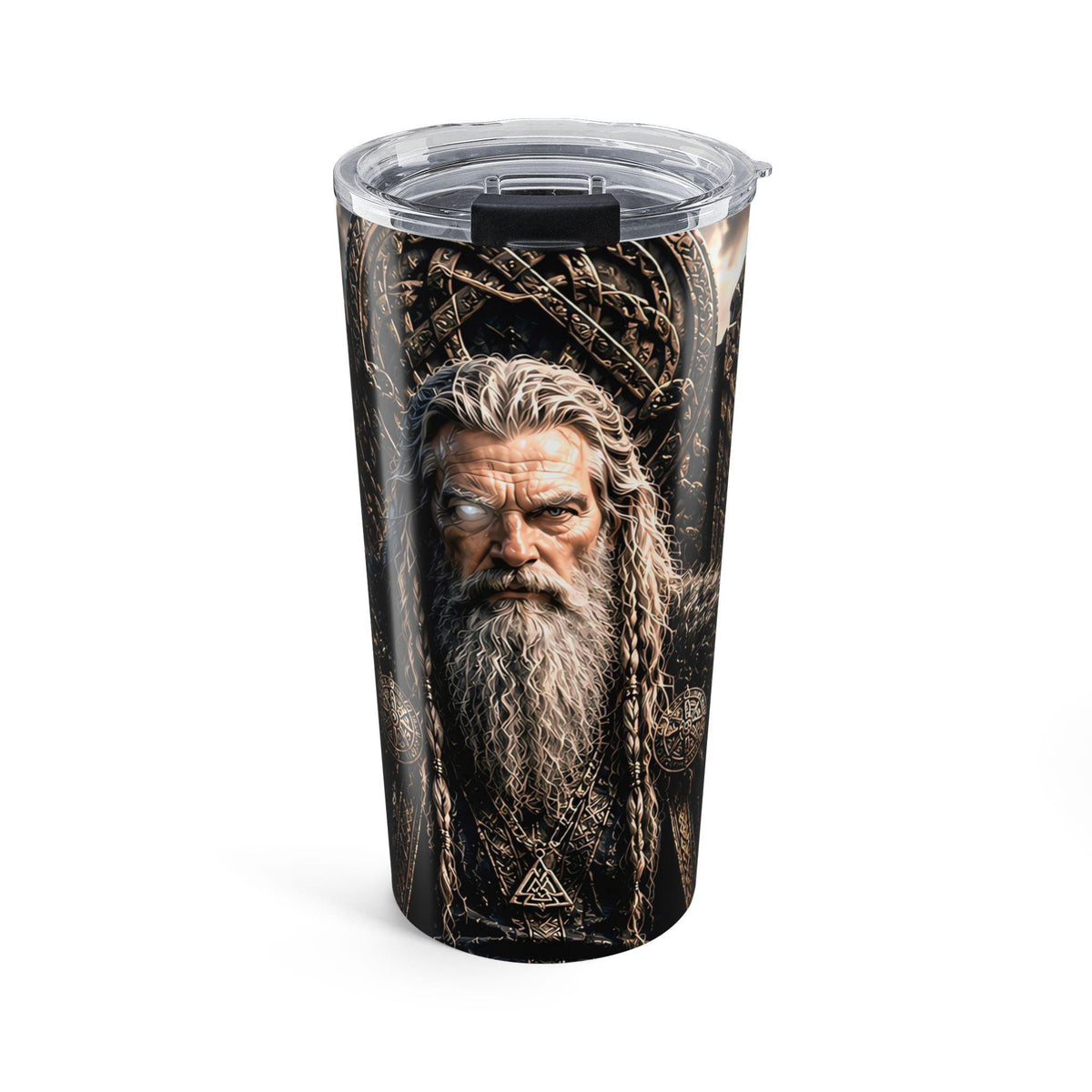 Viking Odin Mug - Odin All Father Portrait Tumbler 20oz, Norse Longship Mountain Scene
