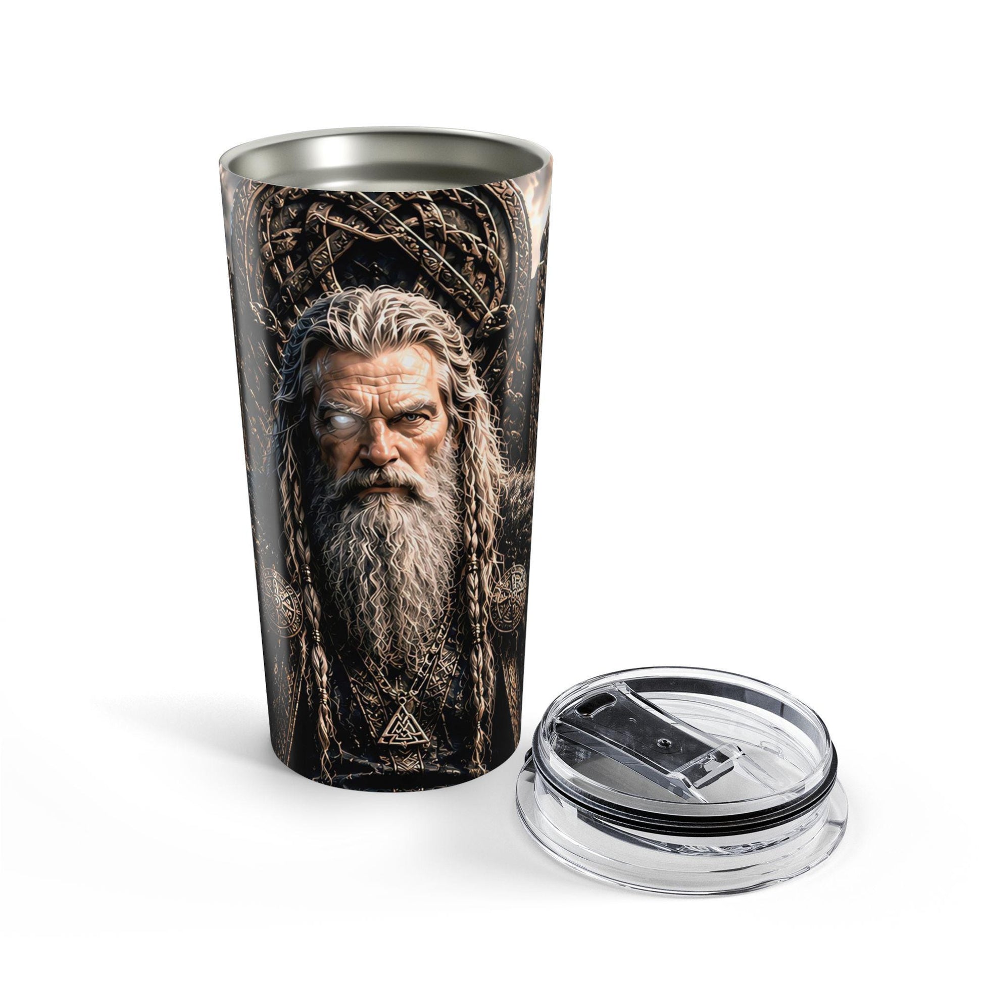 Viking Odin Mug - Odin All Father Portrait Tumbler 20oz, Norse Longship Mountain Scene