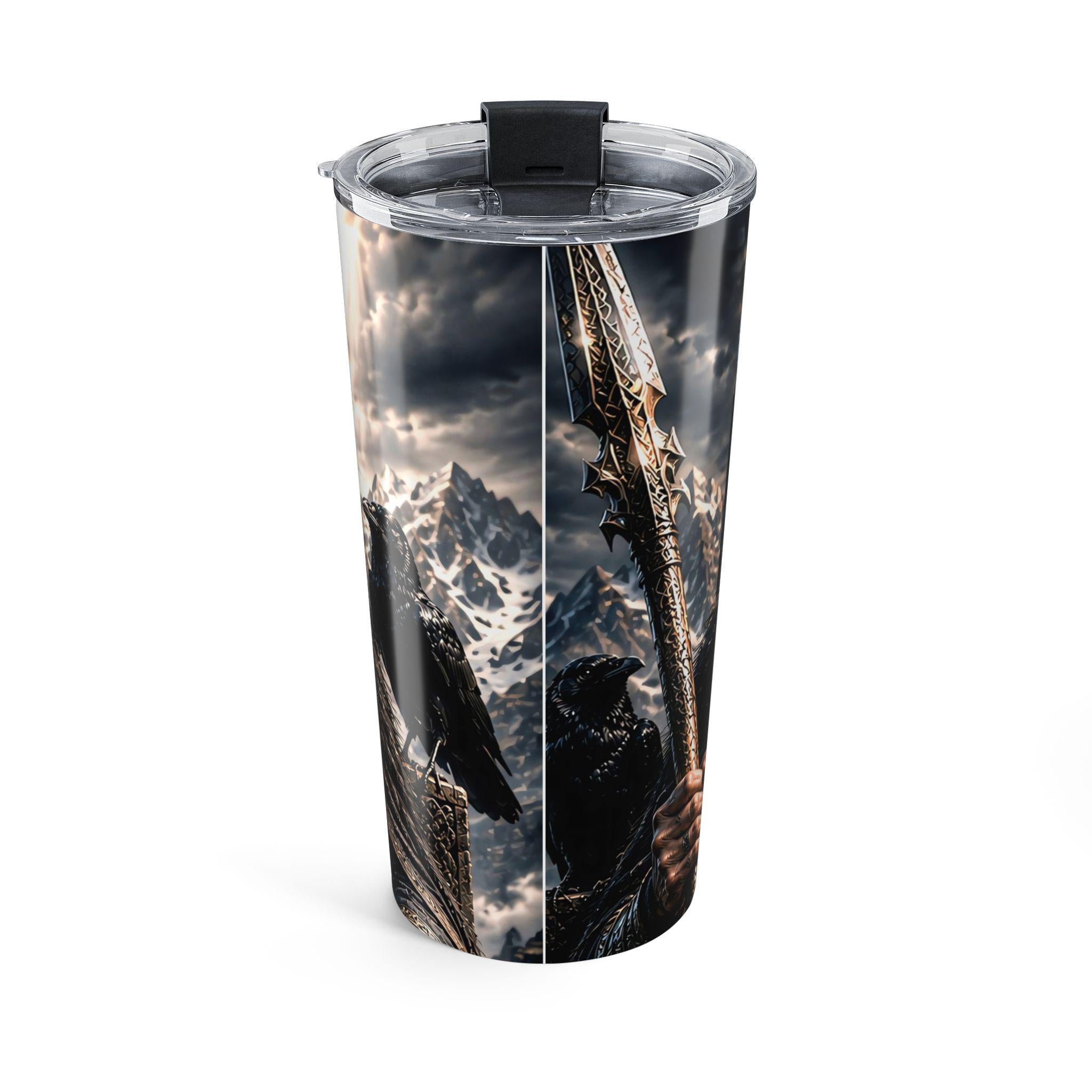Viking Odin Mug - Odin All Father Portrait Tumbler 20oz, Norse Longship Mountain Scene