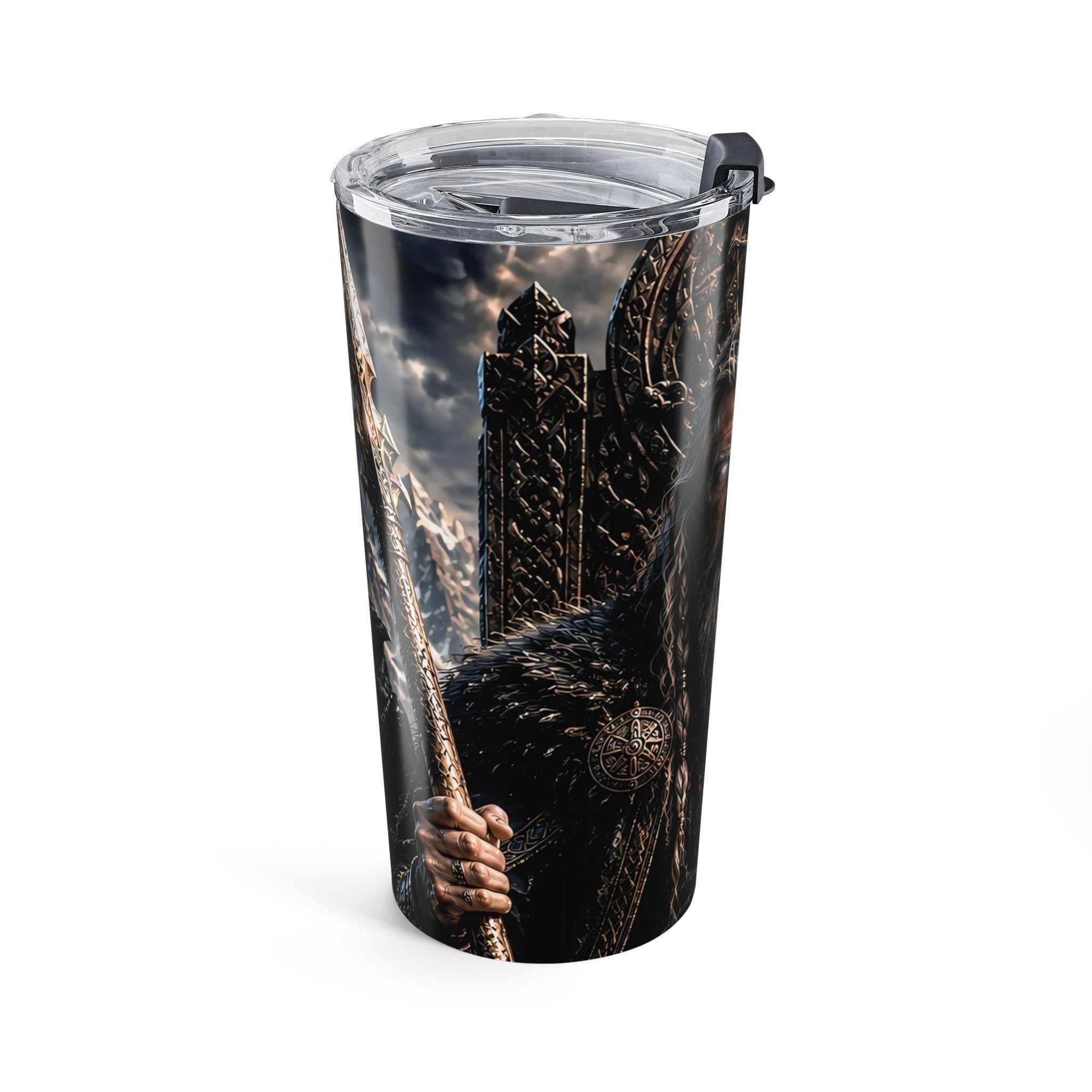 Viking Odin Mug - Odin All Father Portrait Tumbler 20oz, Norse Longship Mountain Scene