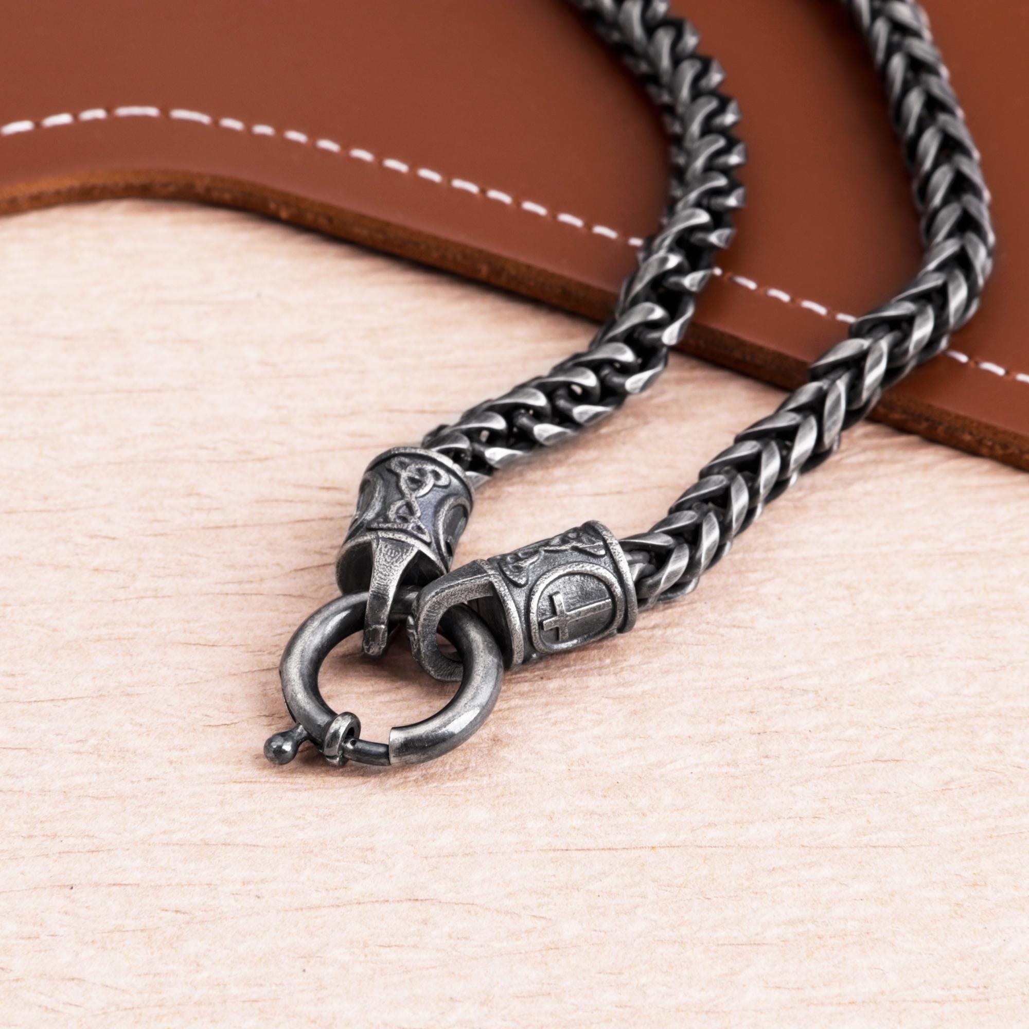 Viking Necklace - Viking Franco Necklace With Celtic Knot Clasp, Unisex Sterling Silver Thick