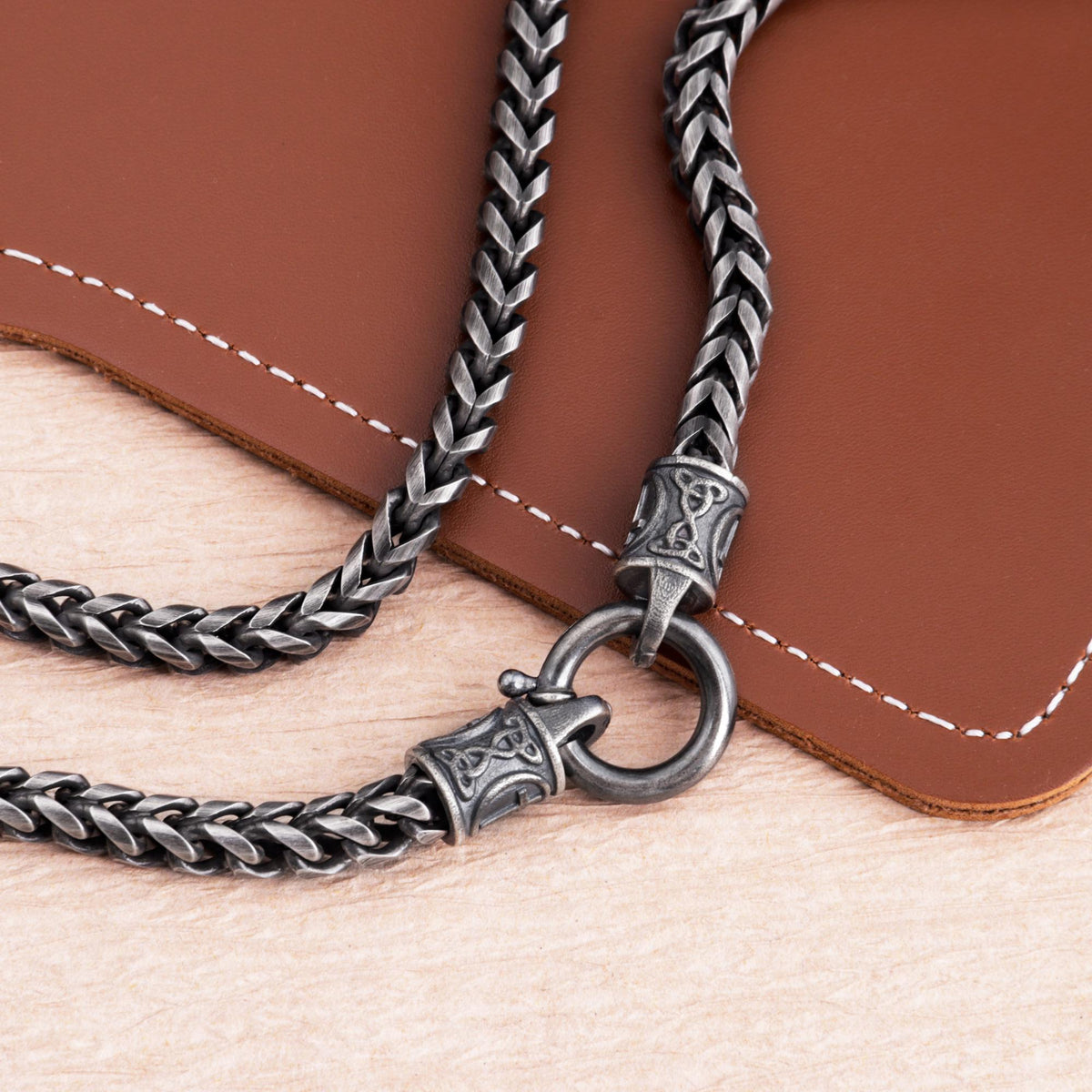Viking Necklace - Viking Franco Necklace With Celtic Knot Clasp, Unisex Sterling Silver Thick