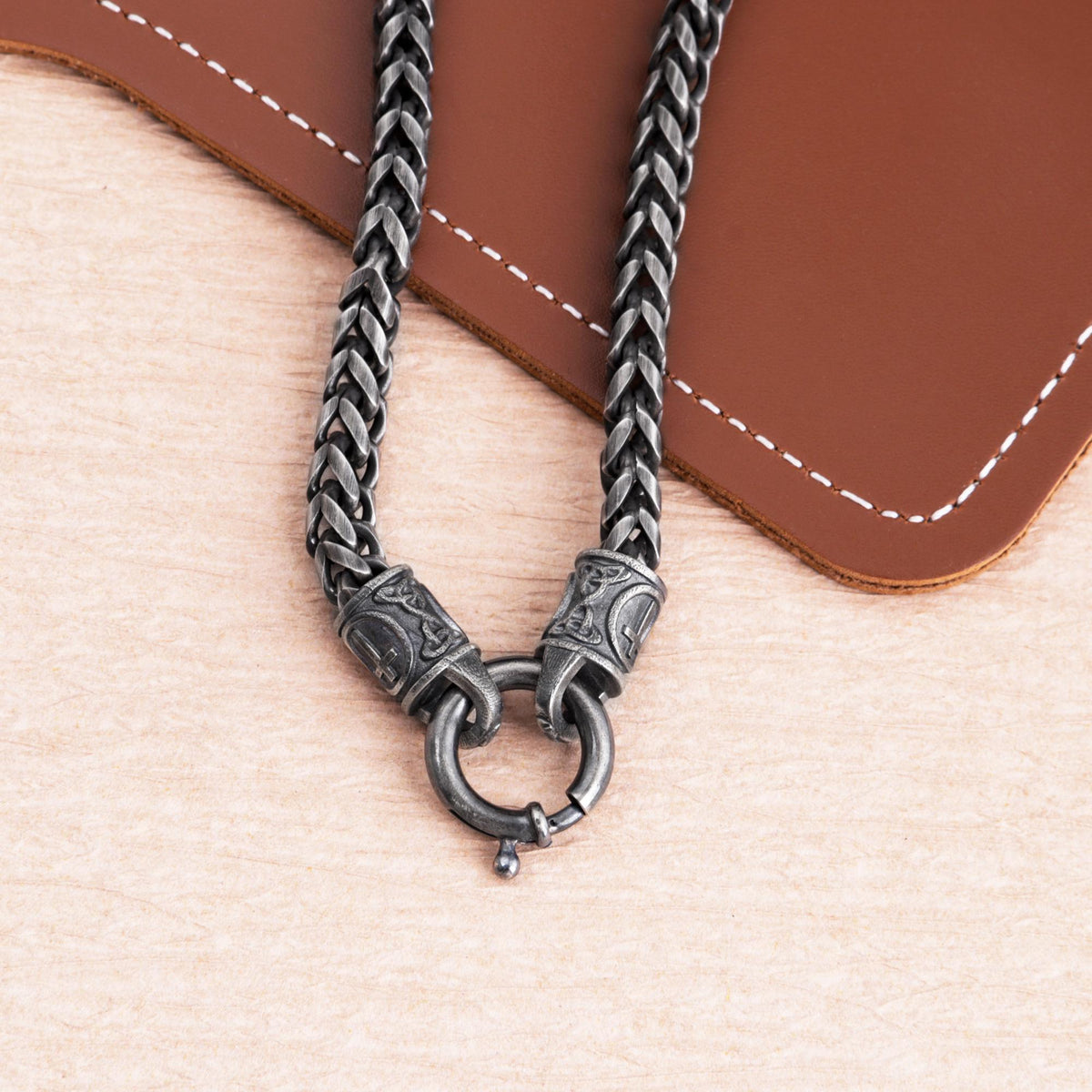 Viking Necklace - Viking Franco Necklace With Celtic Knot Clasp, Unisex Sterling Silver Thick