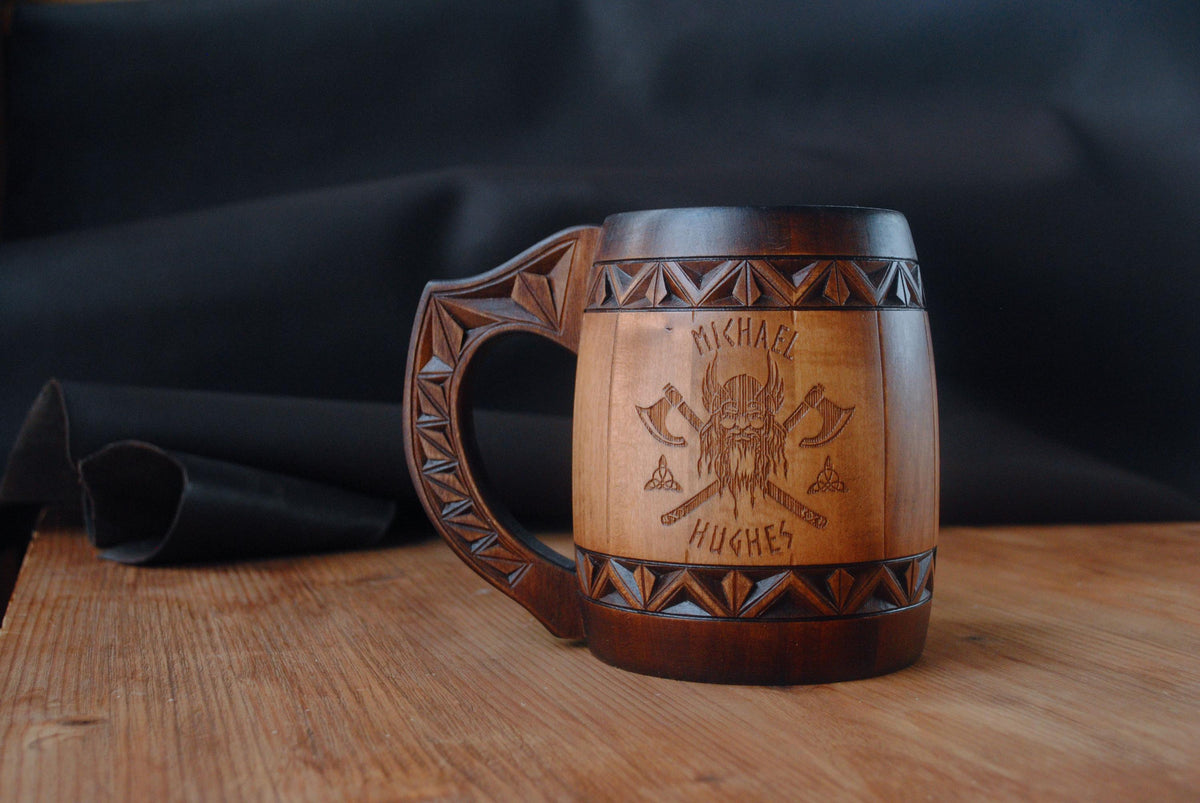 Viking Mug - Personalized Viking Tankard, Wooden Beer Mug, Celtic Knots, Engraved groomsman Cup