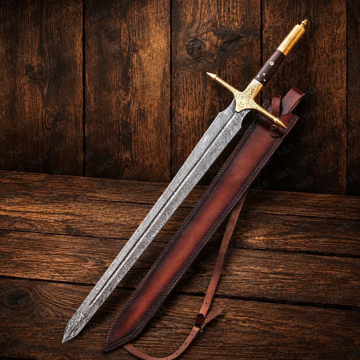 Viking Weapon Replica - Handmade Damascus Steel Celtic Leaf Sword, Viking Medieval Display Sword