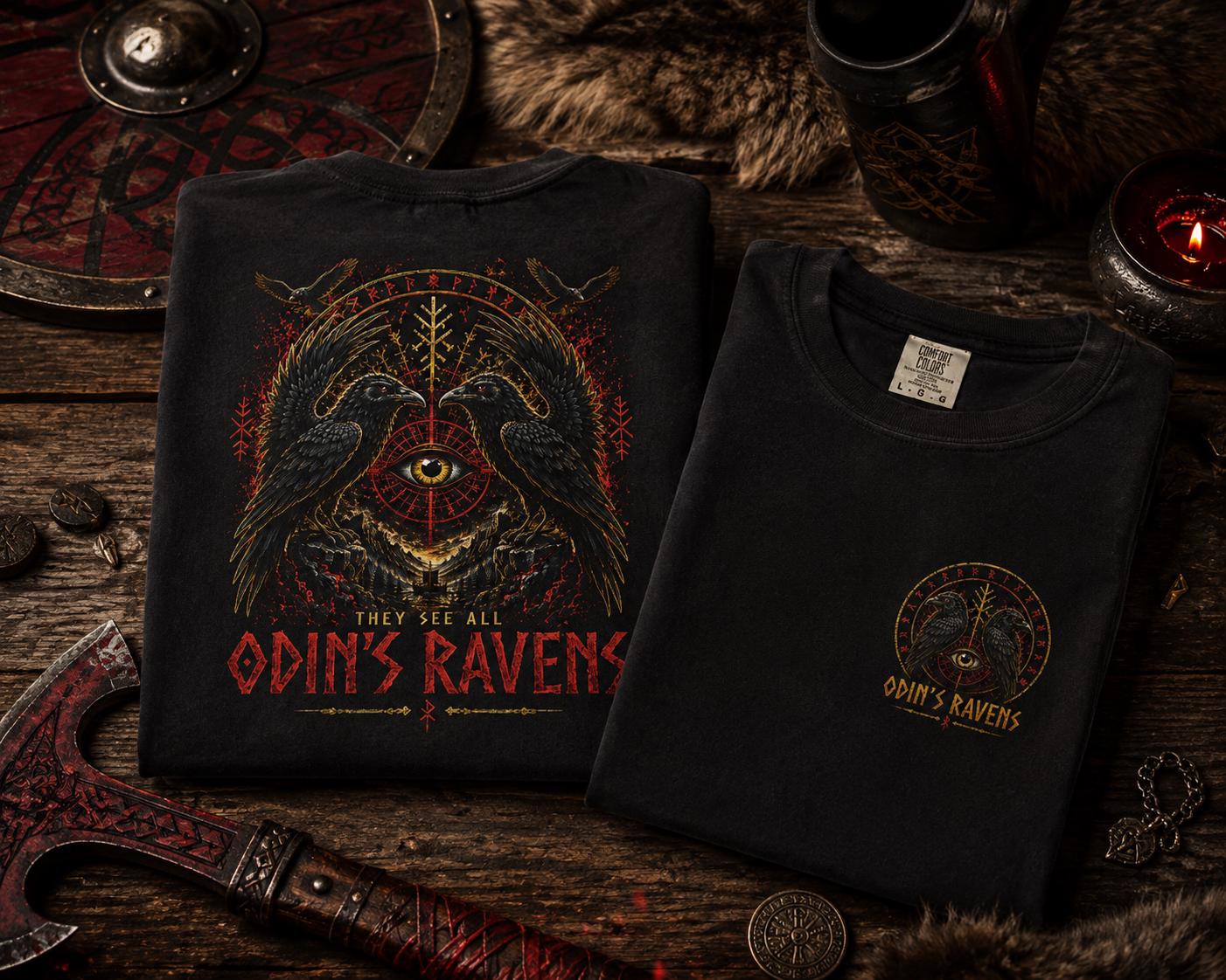 Viking Odin T-Shirt - Odin's Ravens Shirt, Viking Mythology Crow Tee, Garment Dyed Relaxed Fit