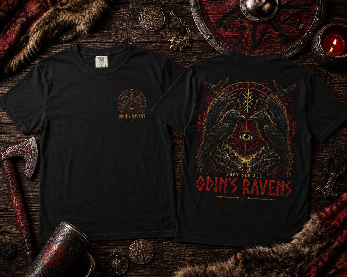 Viking Odin T-Shirt - Odin's Ravens Shirt, Viking Mythology Crow Tee, Garment Dyed Relaxed Fit
