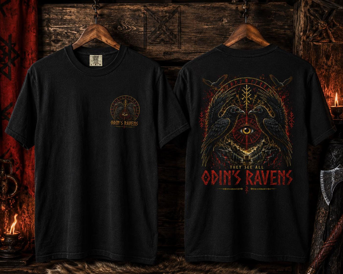Viking Odin T-Shirt - Odin's Ravens Shirt, Viking Mythology Crow Tee, Garment Dyed Relaxed Fit