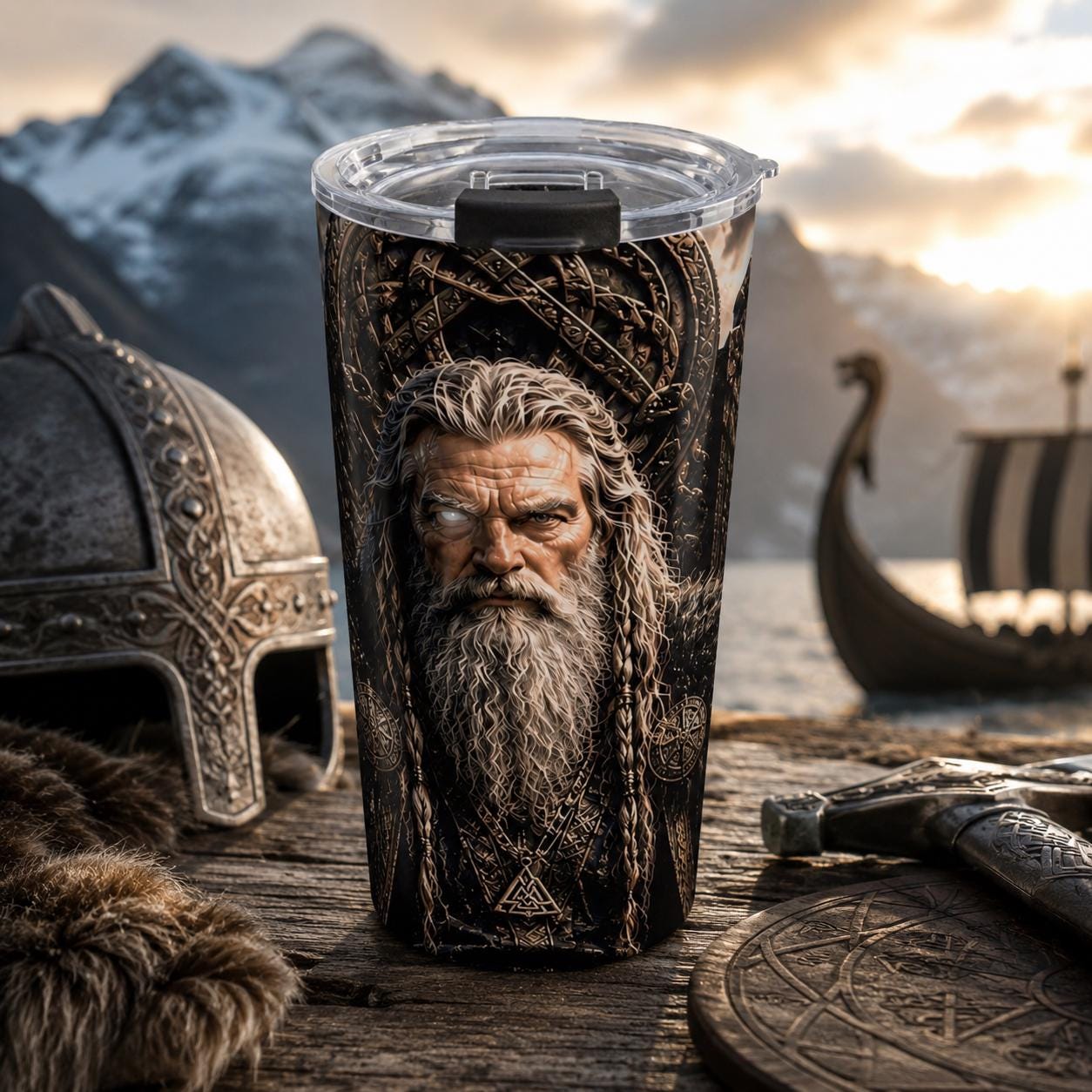 Viking Odin Mug - Odin All Father Portrait Tumbler 20oz, Norse Longship Mountain Scene