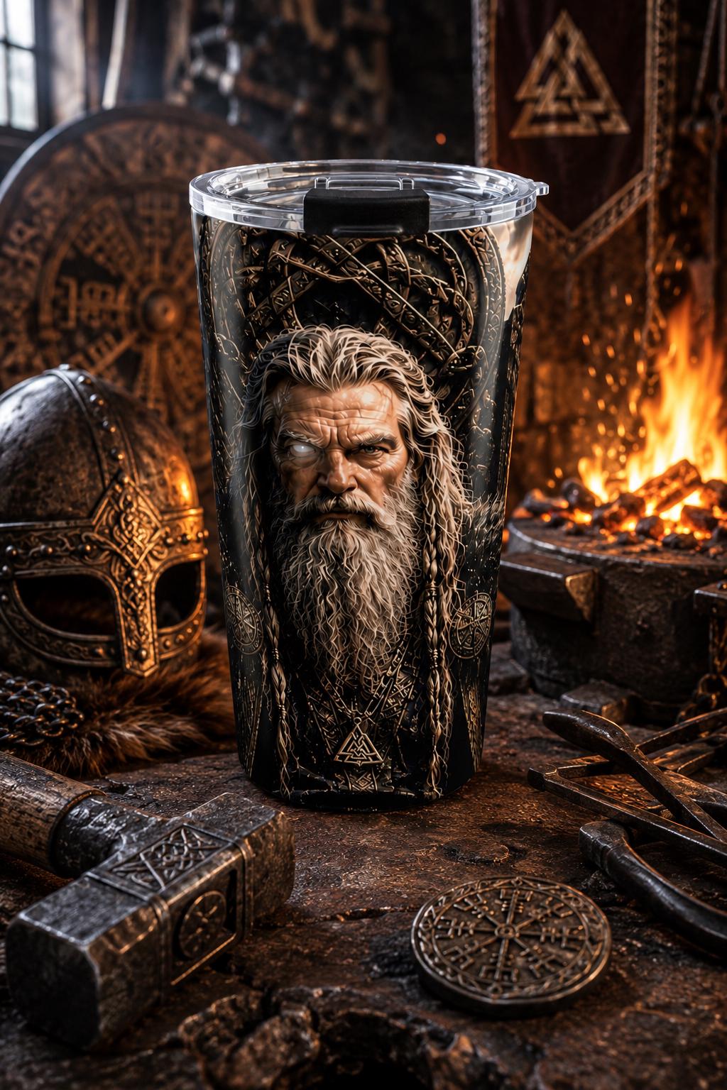 Viking Odin Mug - Odin All Father Portrait Tumbler 20oz, Norse Longship Mountain Scene