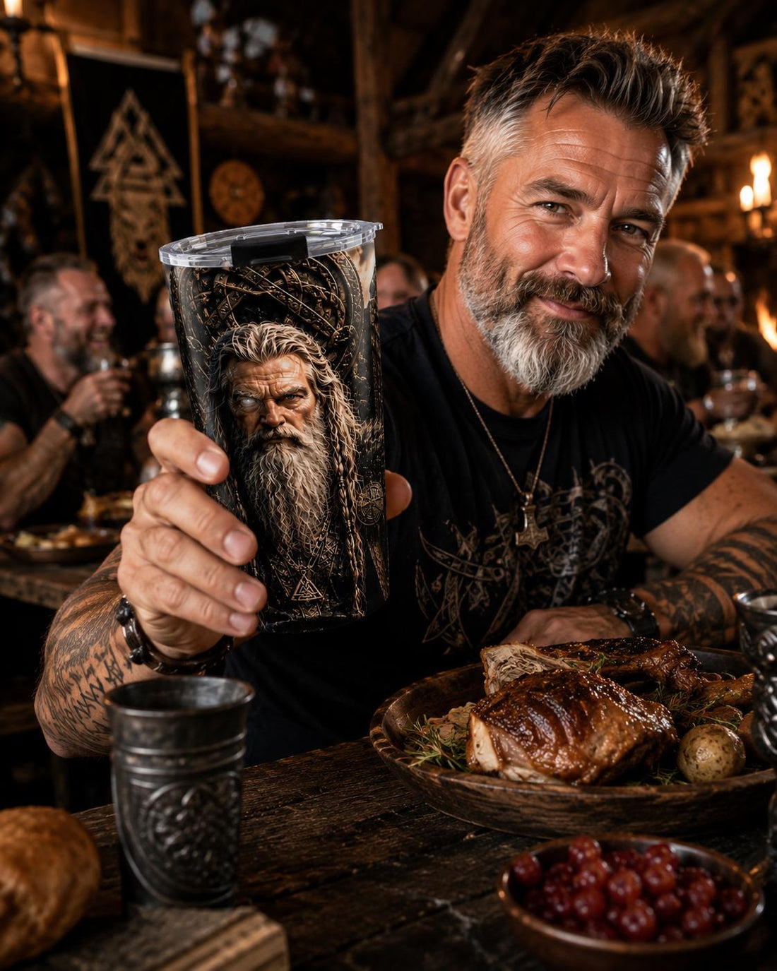 Viking Odin Mug - Odin All Father Portrait Tumbler 20oz, Norse Longship Mountain Scene