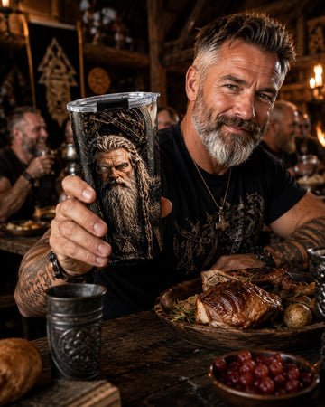 Viking Odin Mug - Odin All Father Portrait Tumbler 20oz, Norse Longship Mountain Scene