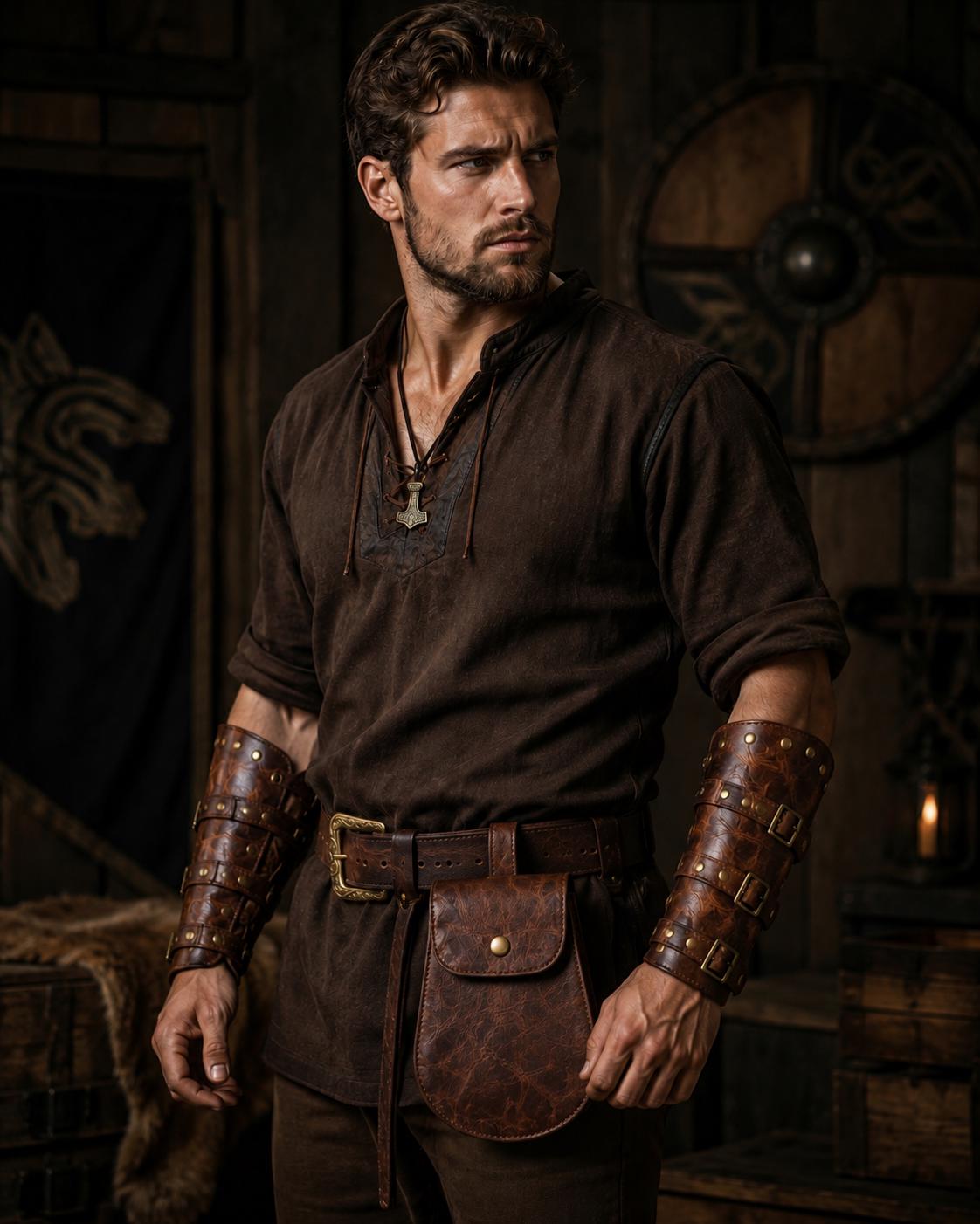 Viking Costume & LARP - Handmade Medieval Viking Leather Accessories Set, Genuine Cowhide Belt