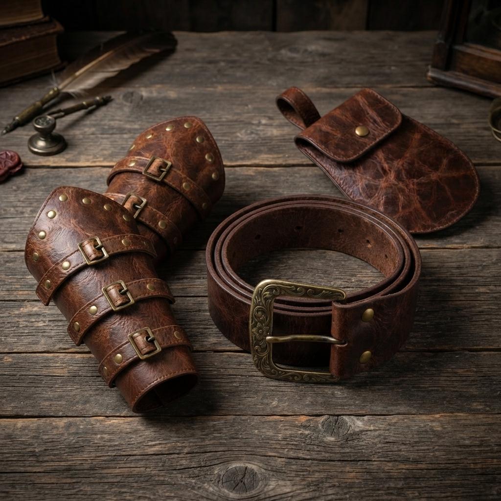 Viking Costume & LARP - Handmade Medieval Viking Leather Accessories Set, Genuine Cowhide Belt