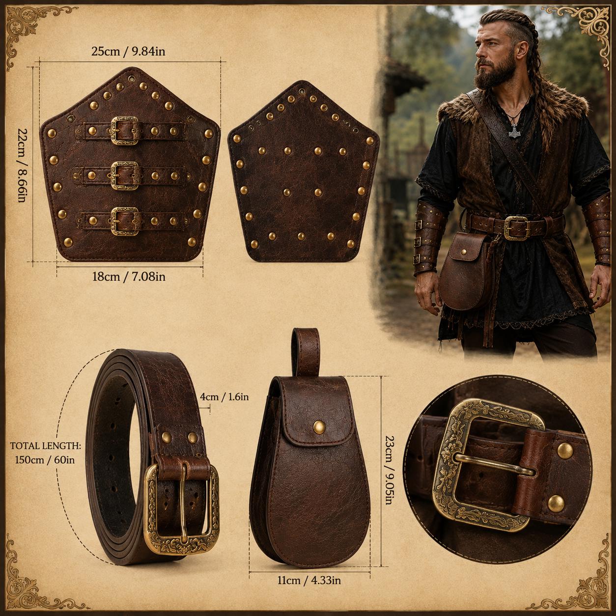 Viking Costume & LARP - Handmade Medieval Viking Leather Accessories Set, Genuine Cowhide Belt
