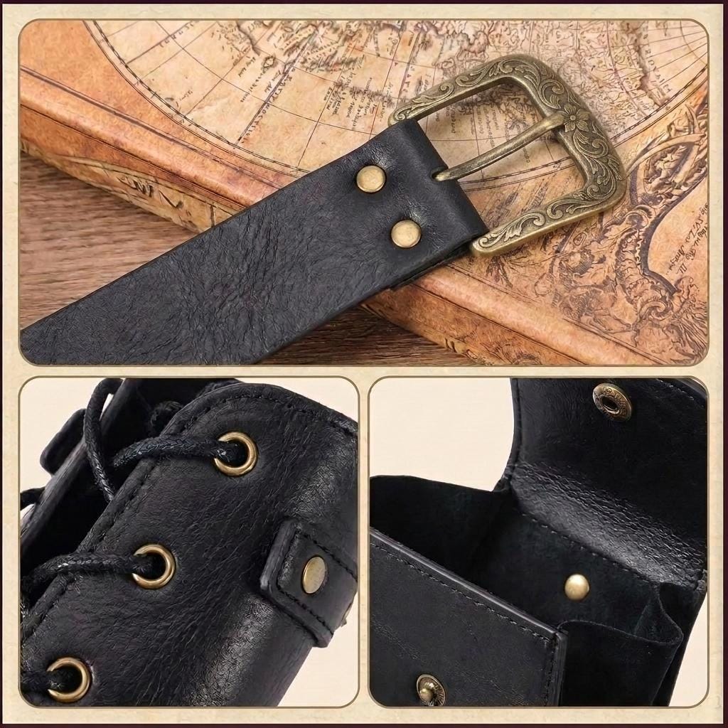 Viking Costume & LARP - Handmade Medieval Viking Leather Accessories Set, Genuine Cowhide Belt