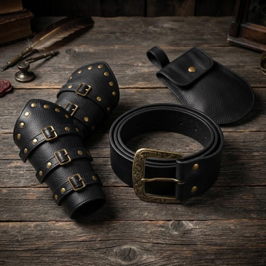 Viking Costume & LARP - Handmade Medieval Viking Leather Accessories Set, Genuine Cowhide Belt