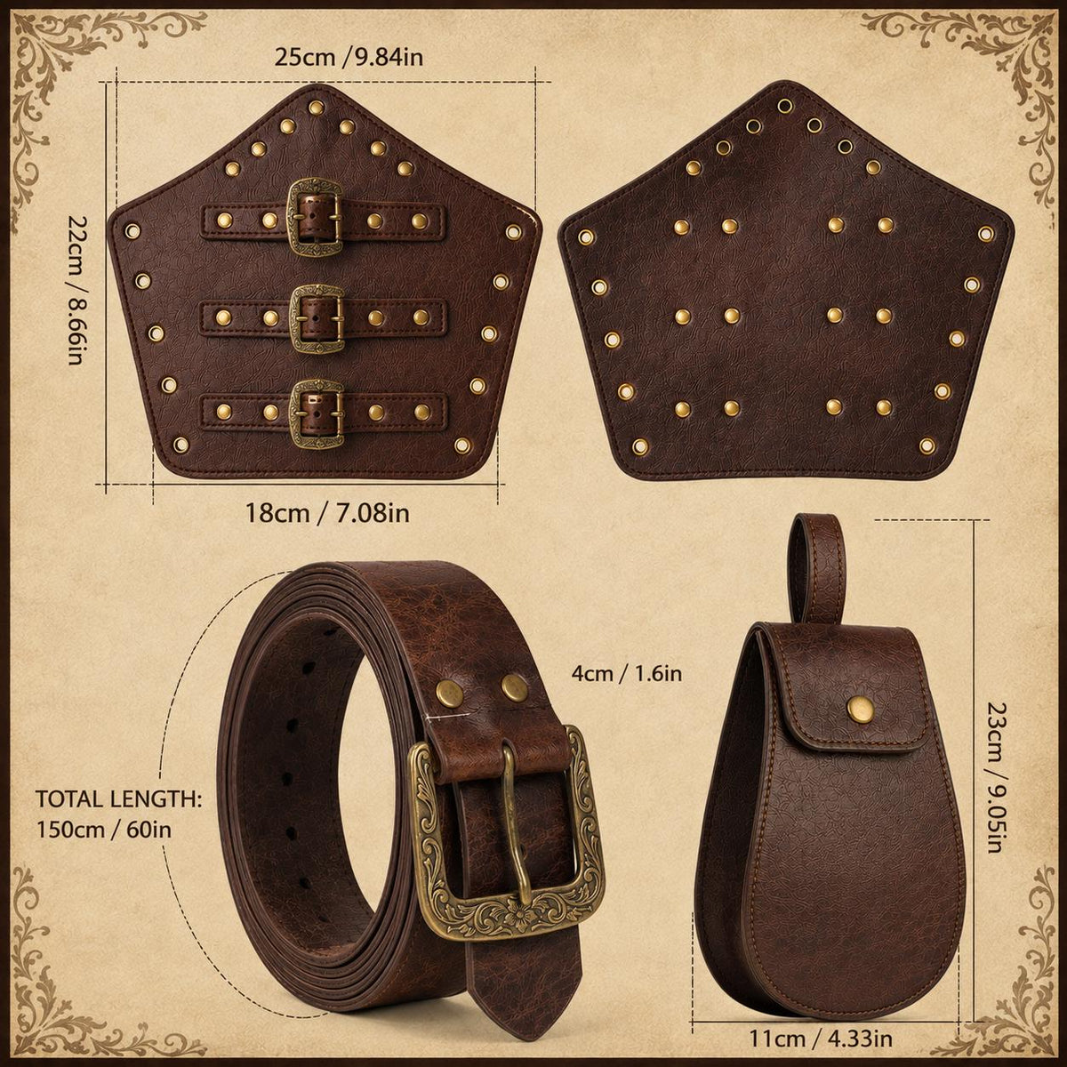 Viking Costume & LARP - Handmade Medieval Viking Leather Accessories Set, Genuine Cowhide Belt