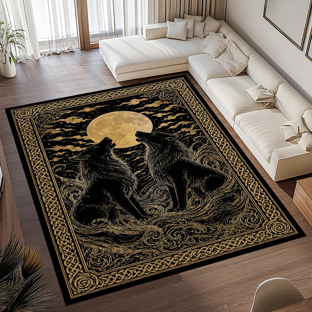 Viking Raven Rug - Viking Ship Rug: Norse Longship Carpet, Blue Ocean Waves, Celtic Raven Dragon