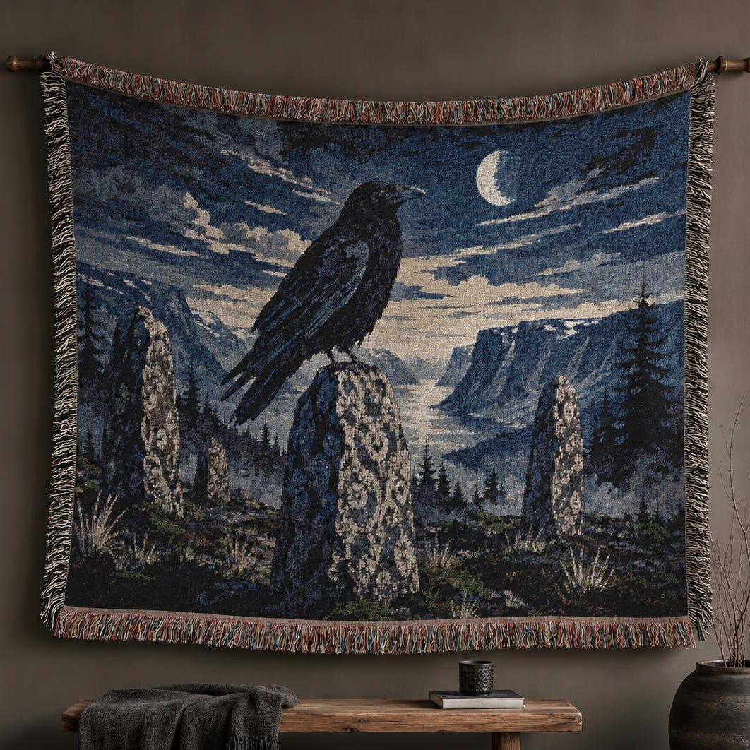 Viking Raven Blanket - Viking Longship Tapestry Wall Hanging Norse Raven Fjord Wall Art Large Wall