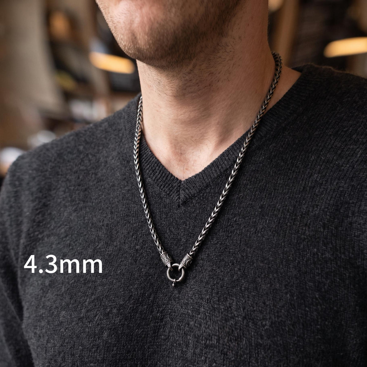 Viking Necklace - Viking Franco Necklace With Celtic Knot Clasp, Unisex Sterling Silver Thick