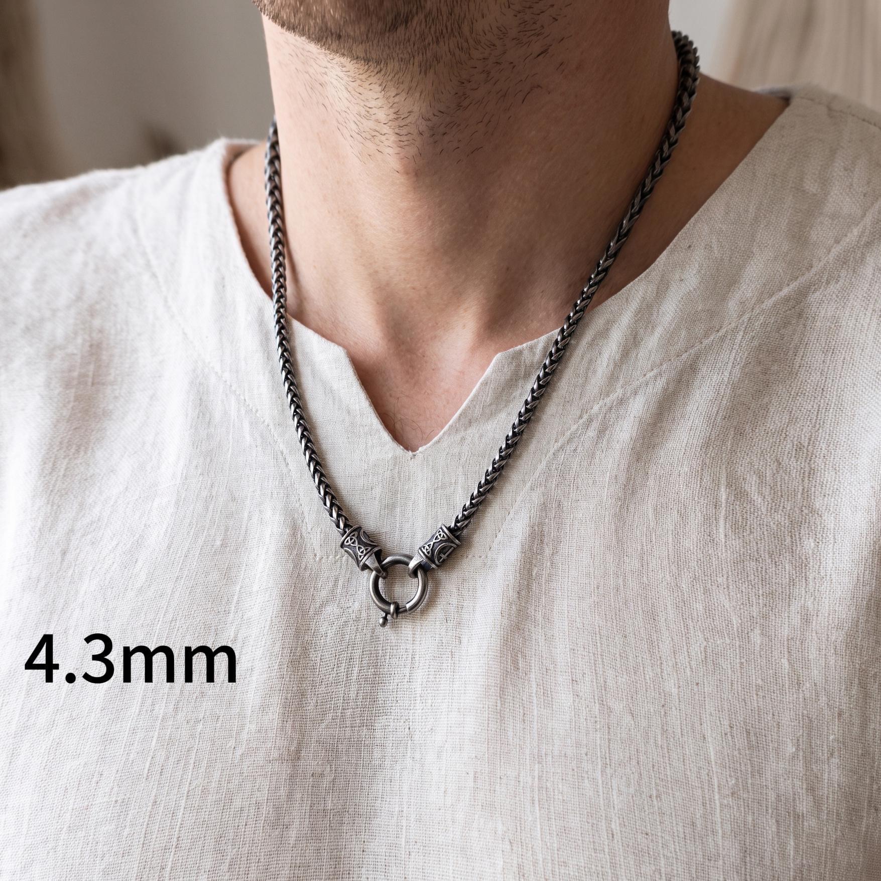 Viking Necklace - Viking Franco Necklace With Celtic Knot Clasp, Unisex Sterling Silver Thick