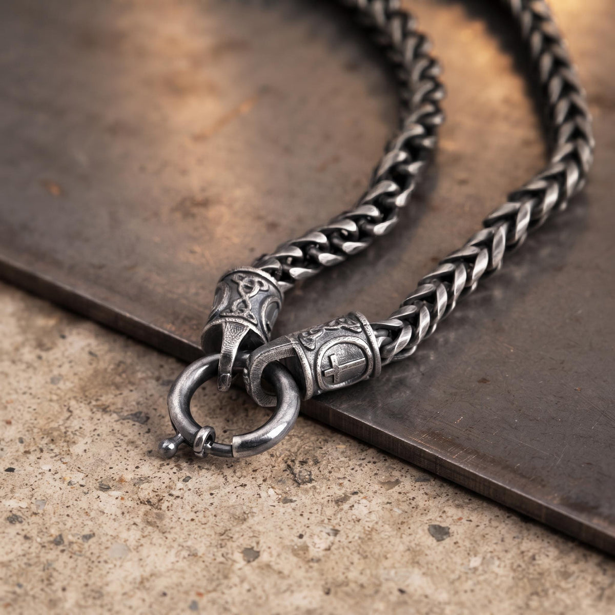 Viking Necklace - Viking Franco Necklace With Celtic Knot Clasp, Unisex Sterling Silver Thick
