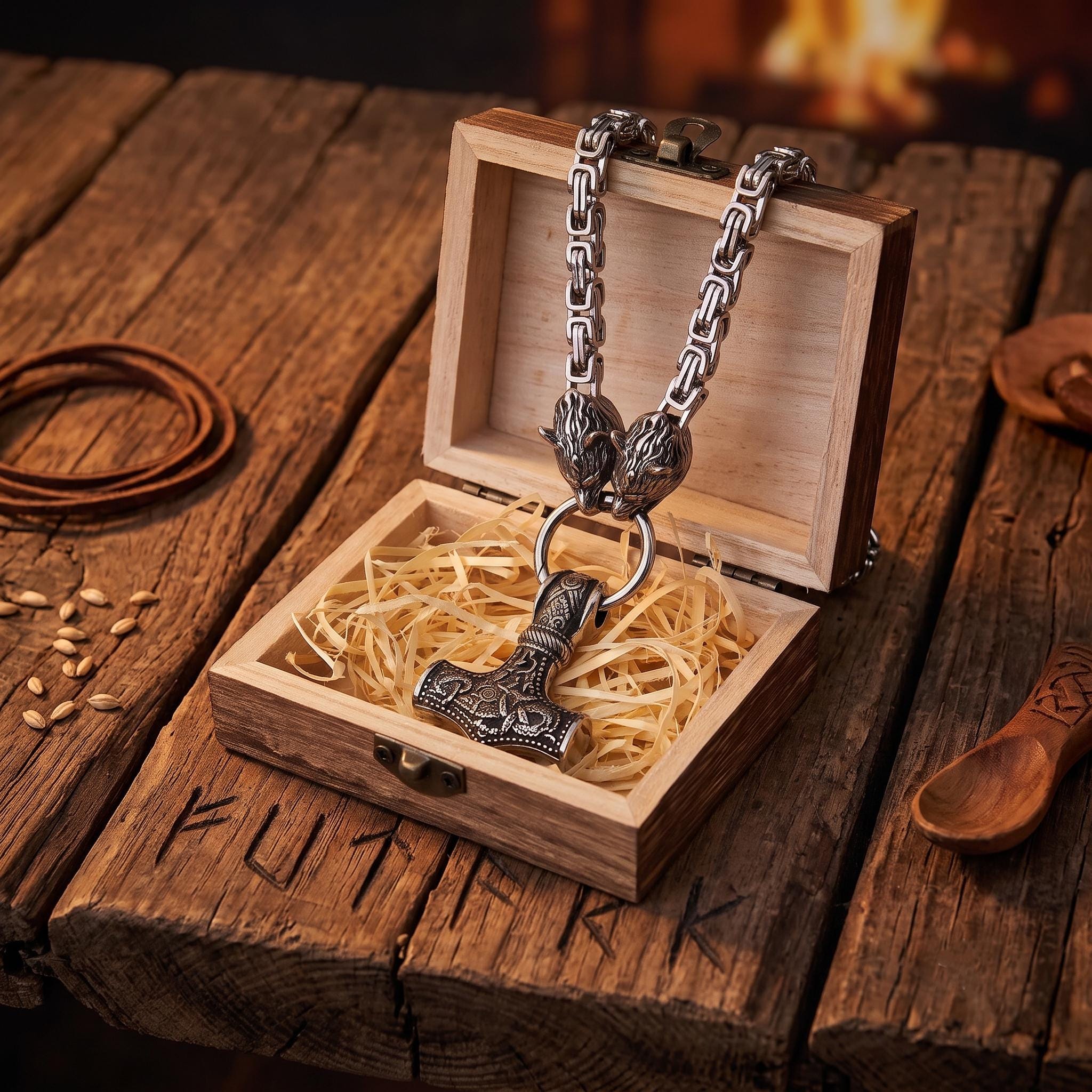 Viking Thor's Hammer Necklace - Men's Viking Wolf Head Thor's Hammer Necklace, Stainless Steel