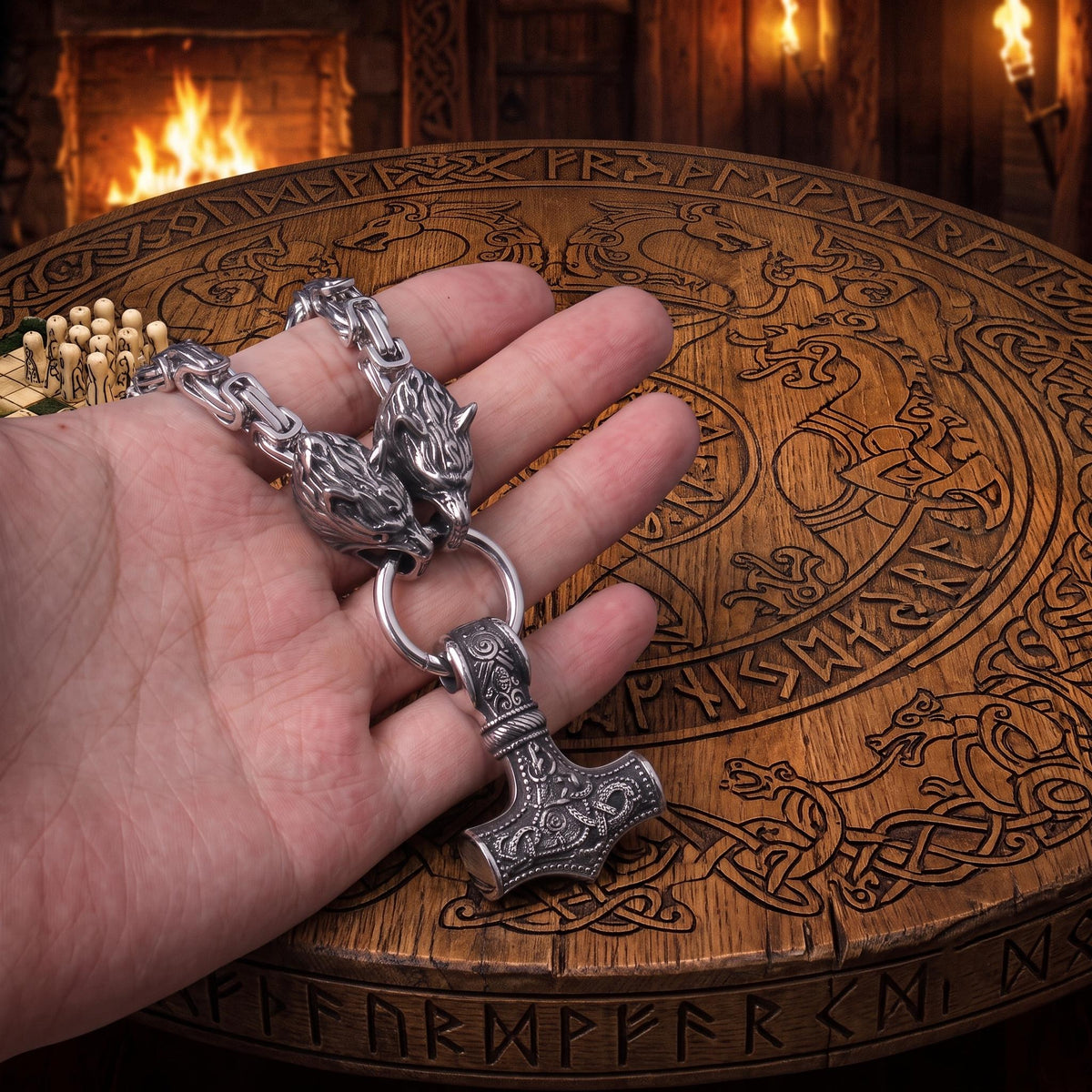 Viking Thor's Hammer Necklace - Men's Viking Wolf Head Thor's Hammer Necklace, Stainless Steel