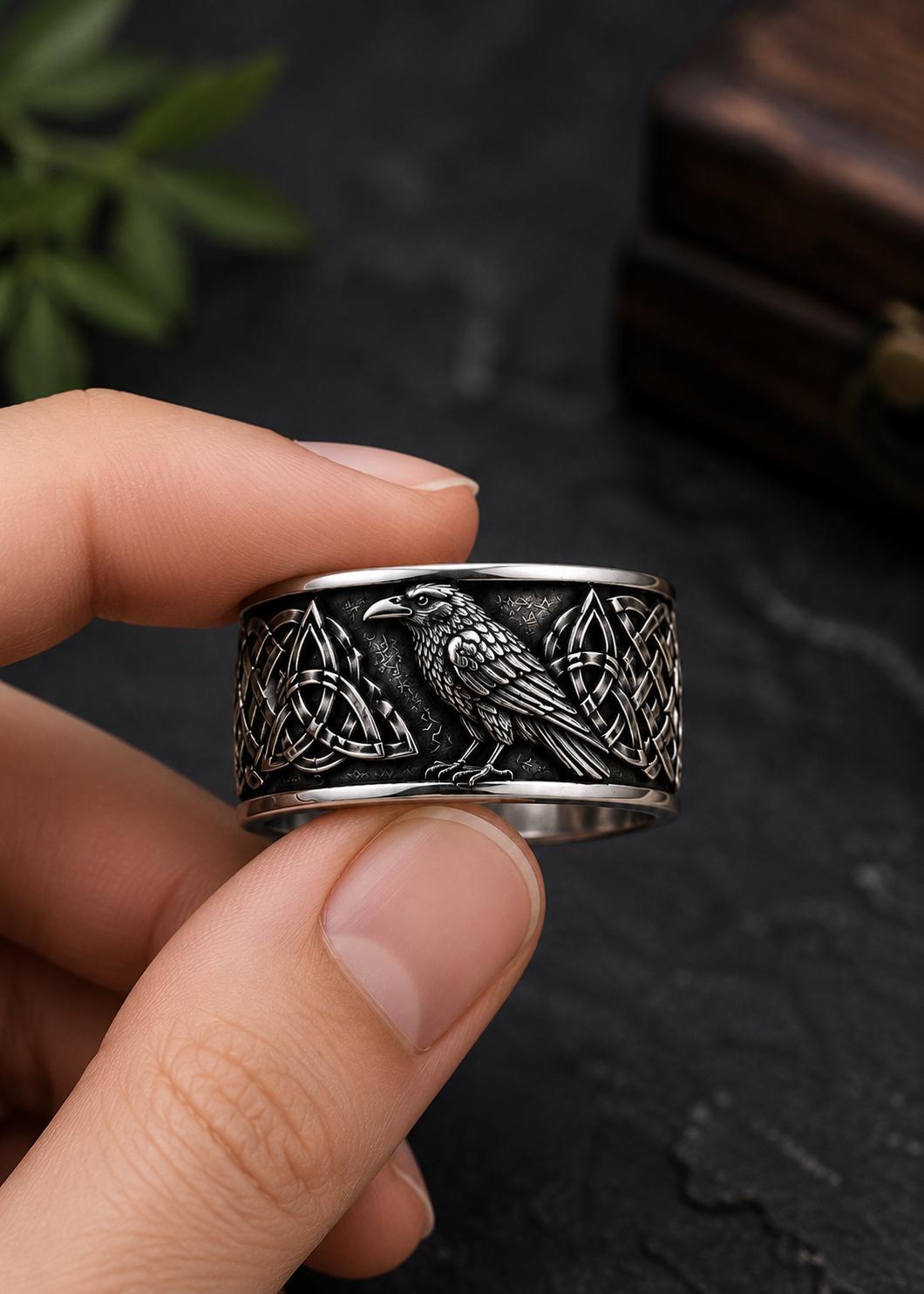 Viking Raven Ring - Silver Raven Celtic Knot Ring, Oxidized Viking Band, Norse Gothic Jewelry