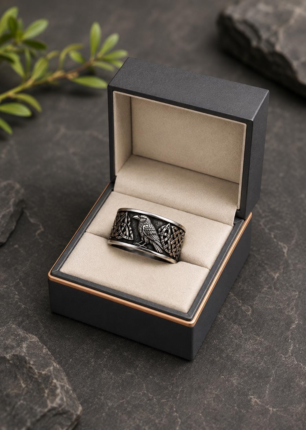 Viking Raven Ring - Silver Raven Celtic Knot Ring, Oxidized Viking Band, Norse Gothic Jewelry