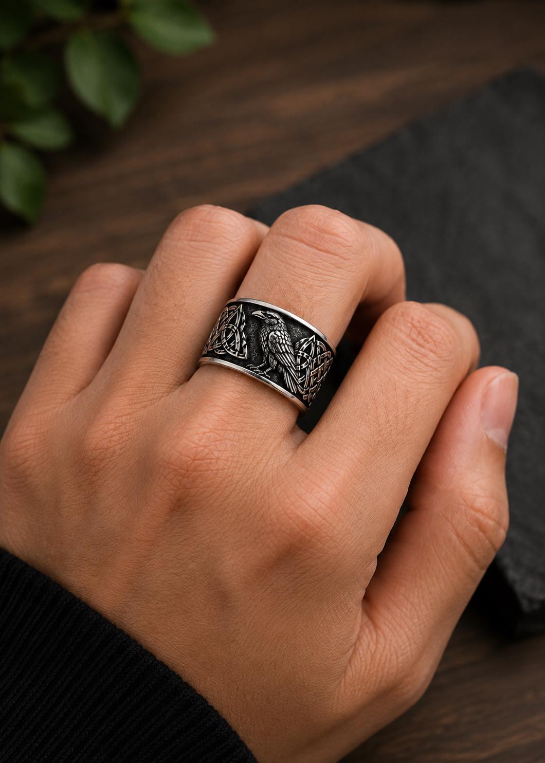 Viking Raven Ring - Silver Raven Celtic Knot Ring, Oxidized Viking Band, Norse Gothic Jewelry