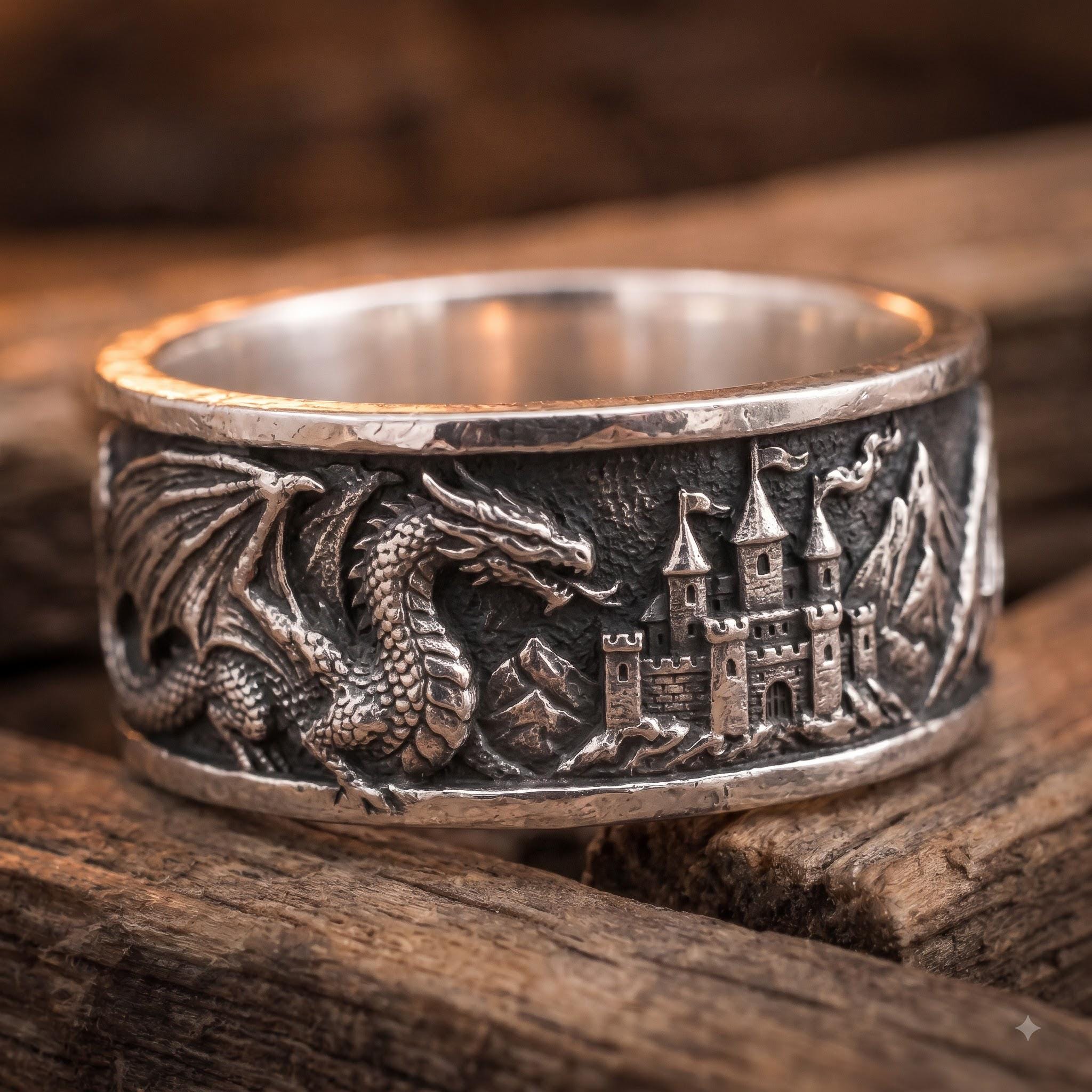 Viking Longship Ring, Oxidized Sterling Silver Band, Ocean Wave Jewelry