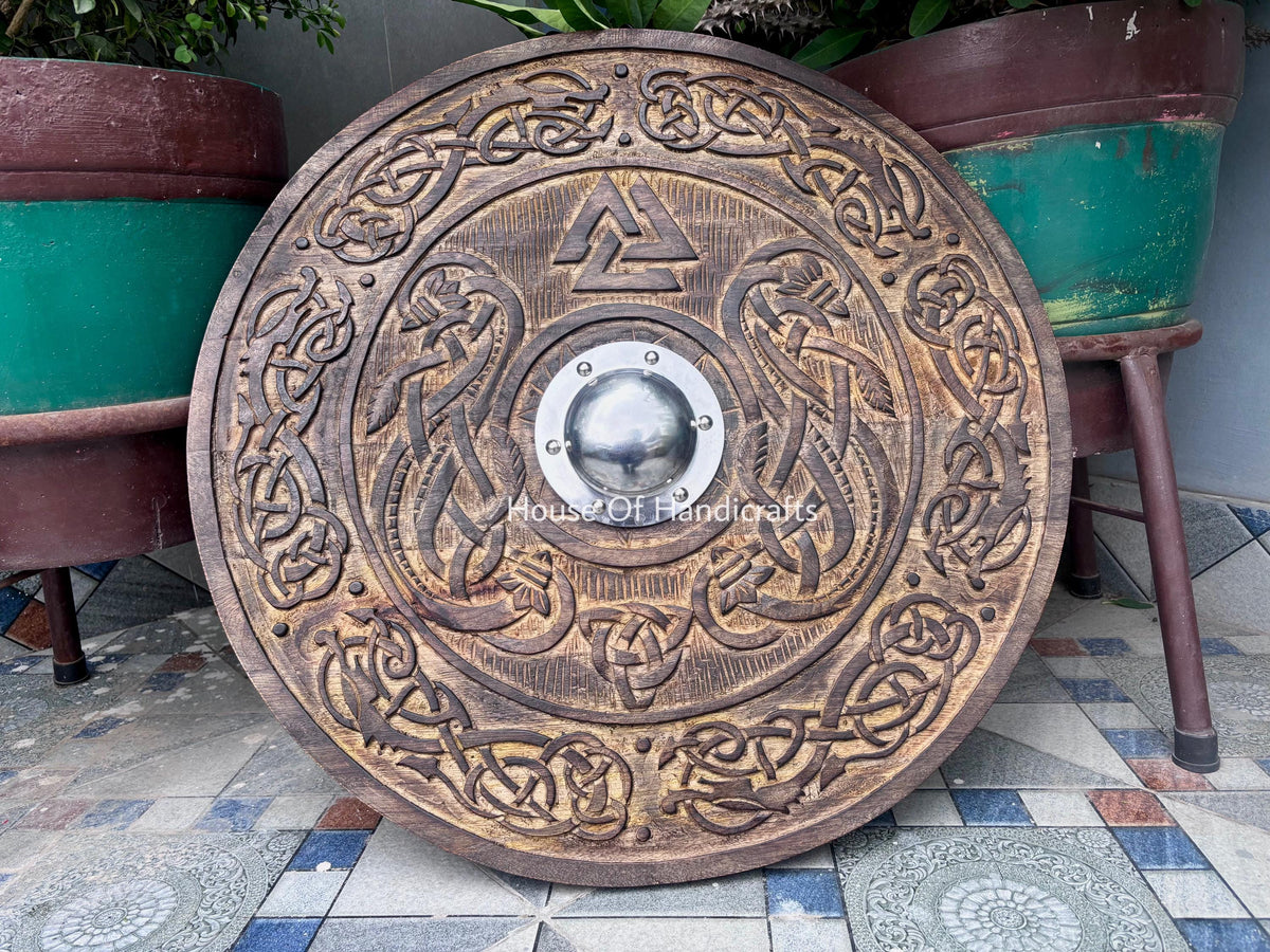 Viking Rune Weapon Replica - Handmade Viking Wooden Shield, Helm of Awe, Runes, Celtic Knots Wall