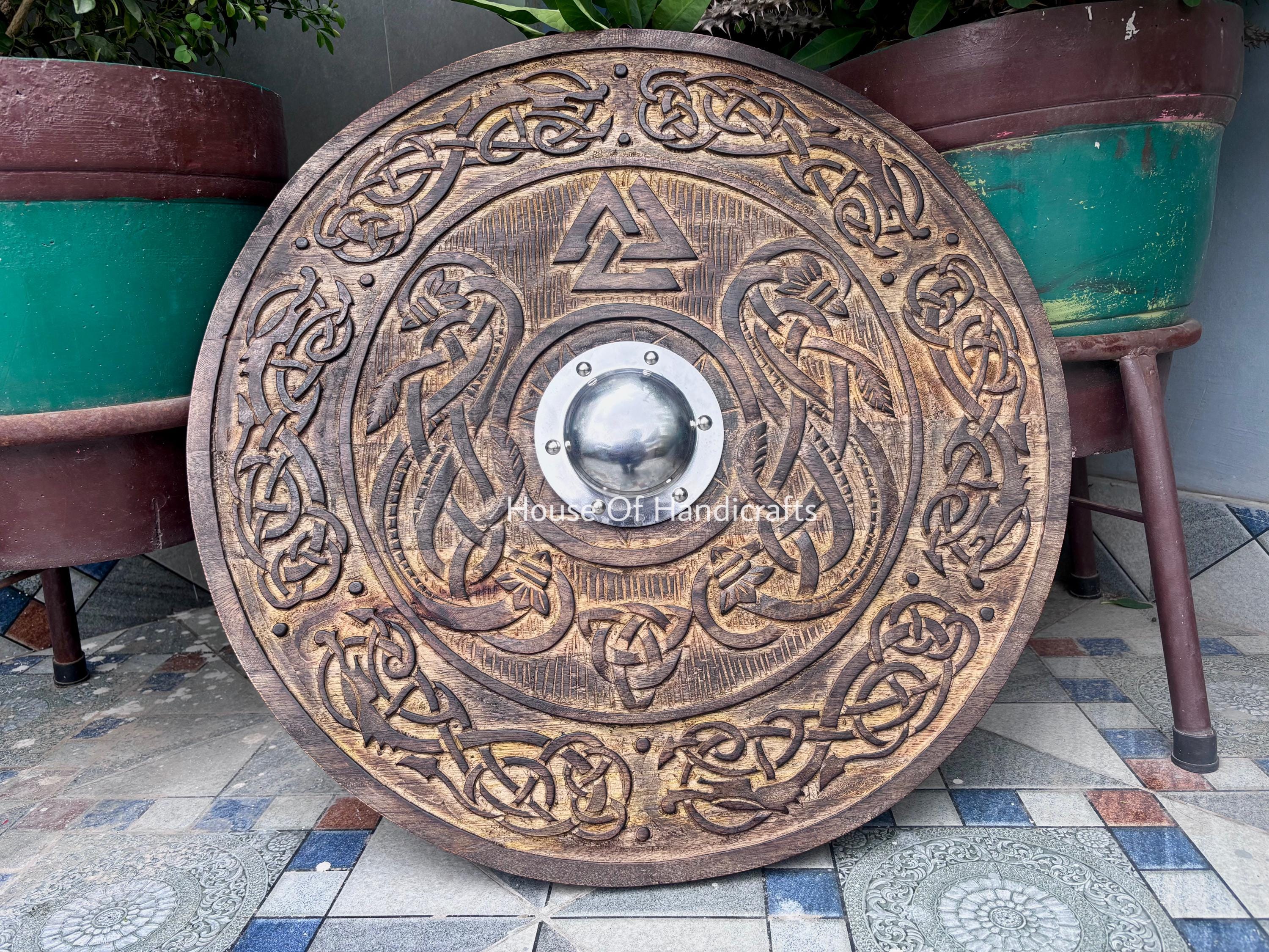 Viking Rune Weapon Replica - Handmade Viking Wooden Shield, Helm of Awe, Runes, Celtic Knots Wall