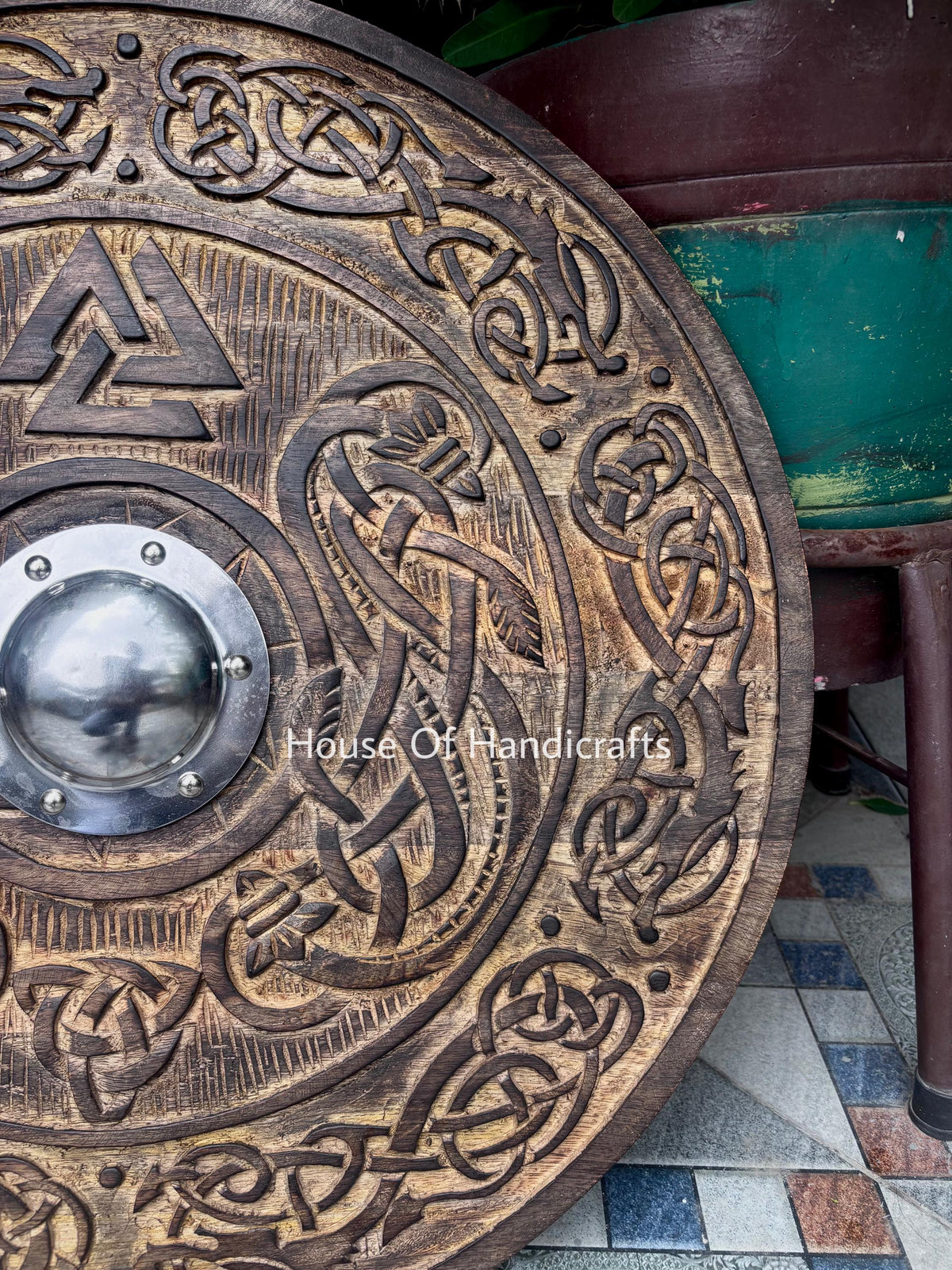 Viking Rune Weapon Replica - Handmade Viking Wooden Shield, Helm of Awe, Runes, Celtic Knots Wall