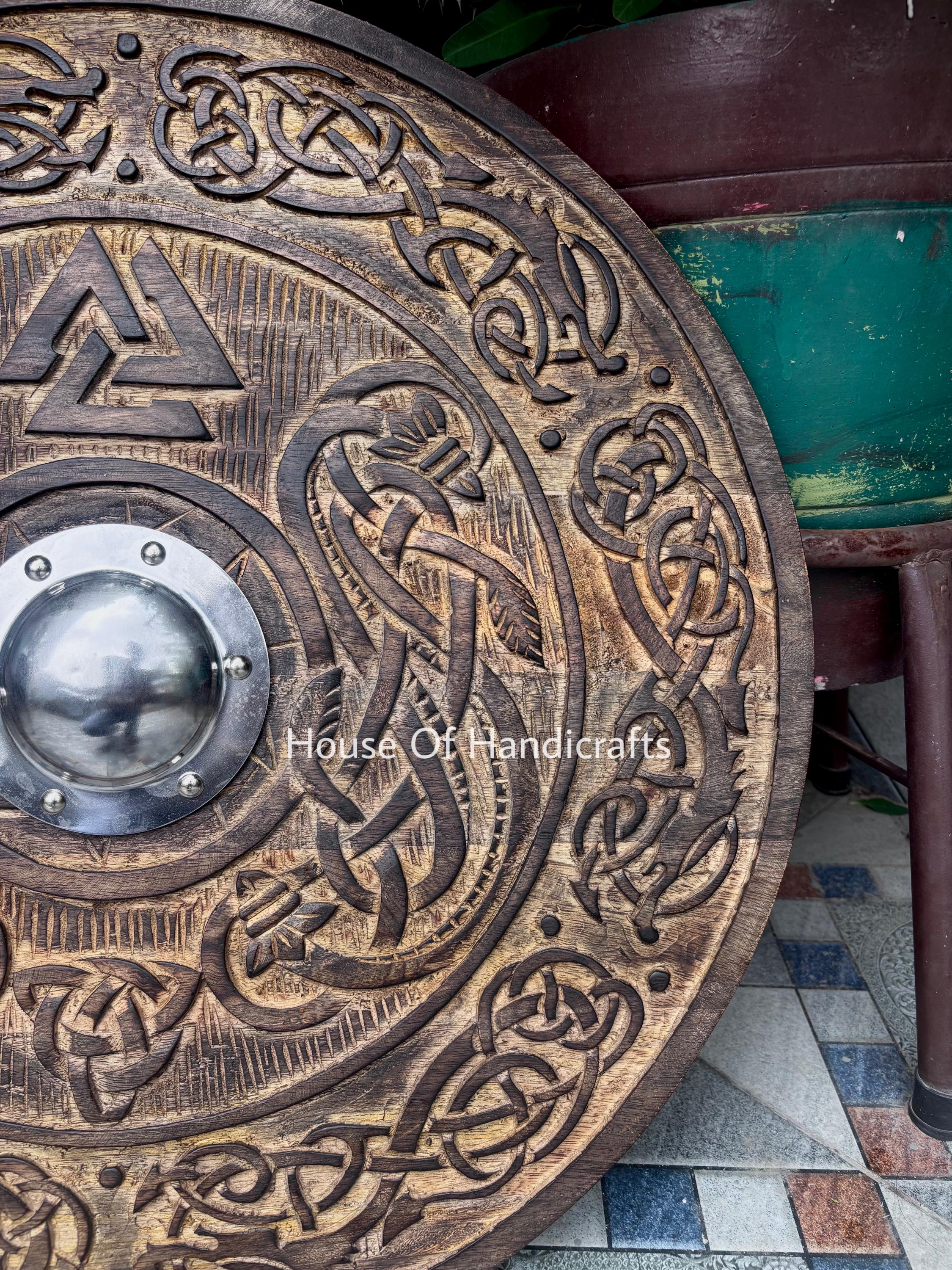 Viking Rune Weapon Replica - Handmade Viking Wooden Shield, Helm of Awe, Runes, Celtic Knots Wall